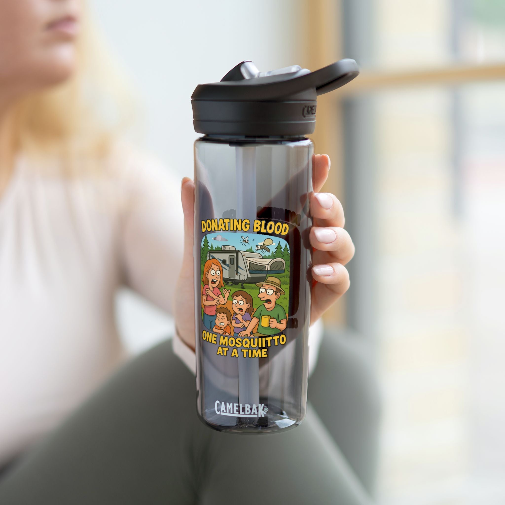 Fun Cartoon Water Bottle, Quirky Drinkware, Motivational Hydration, Eco-Friendly Gift, Ideal for Campers, Perfect for Summer, Donation Theme