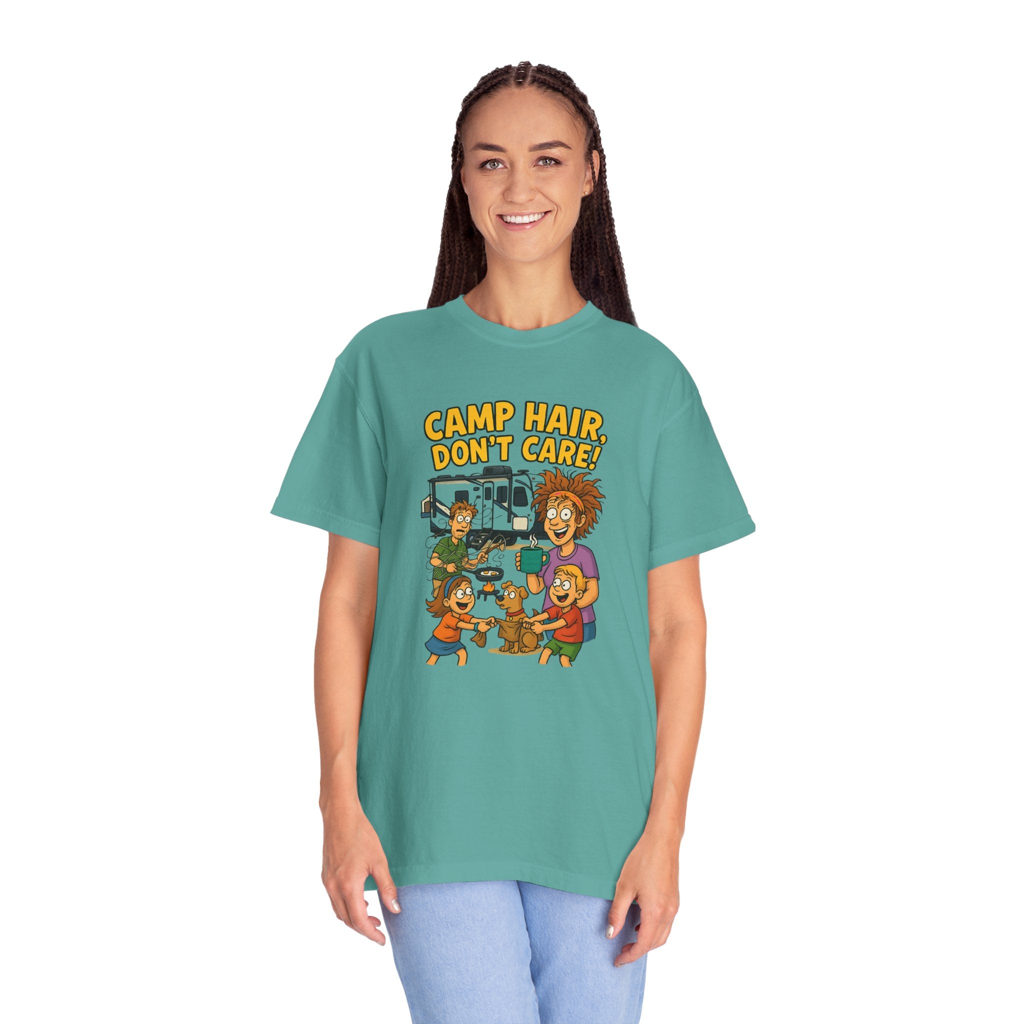 Camp Hair Don't Care T-Shirt, Unisex Garment-Dyed Tee, Camping Apparel, Funny Summer Shirt, Outdoor Lovers Gift, Vacation Essential