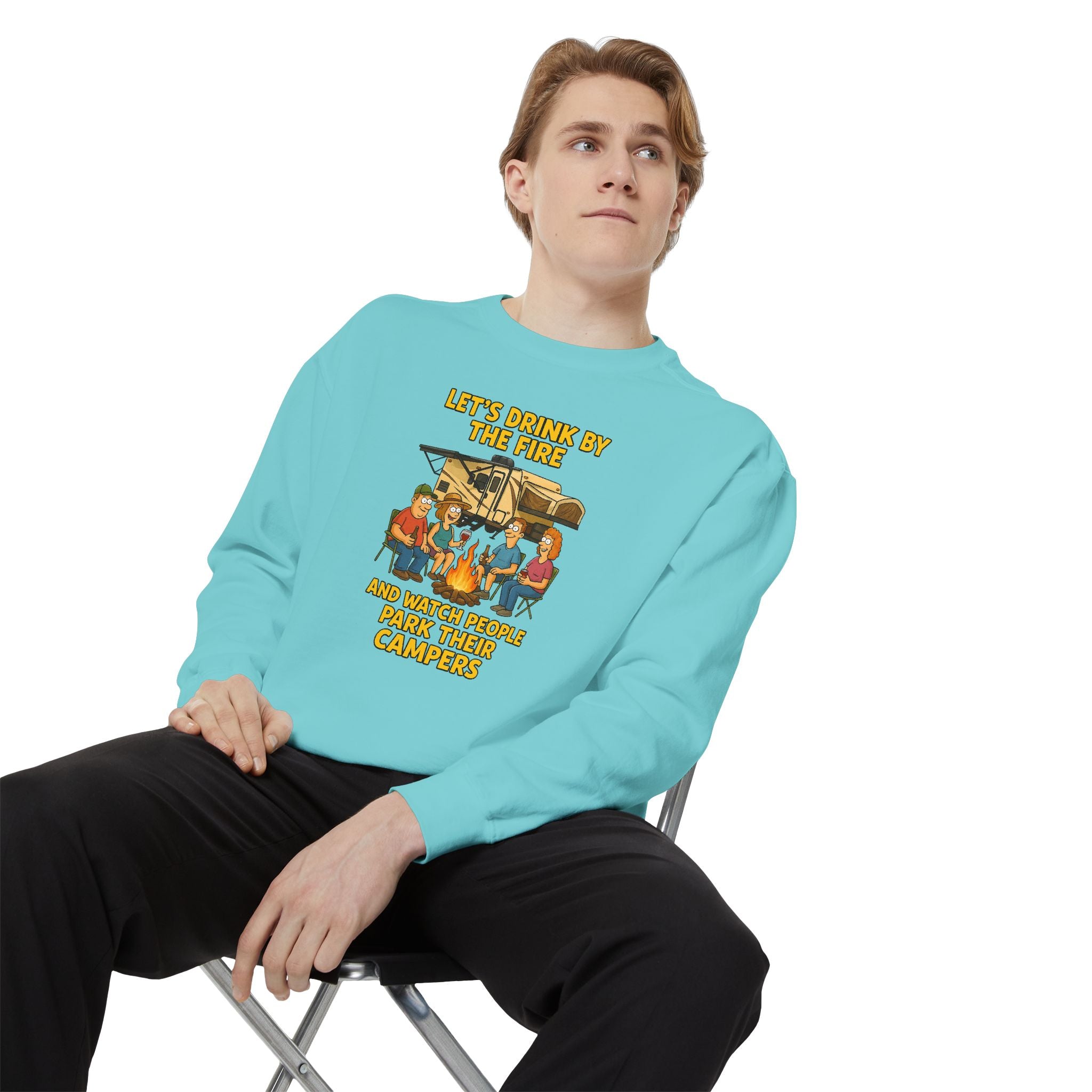 Cozy Campfire Sweatshirt - Let’s Drink by the Fire, Unisex Pullover, Perfect for Bonfires, Camping Trips, Outdoor Gatherings, Cozy Nights