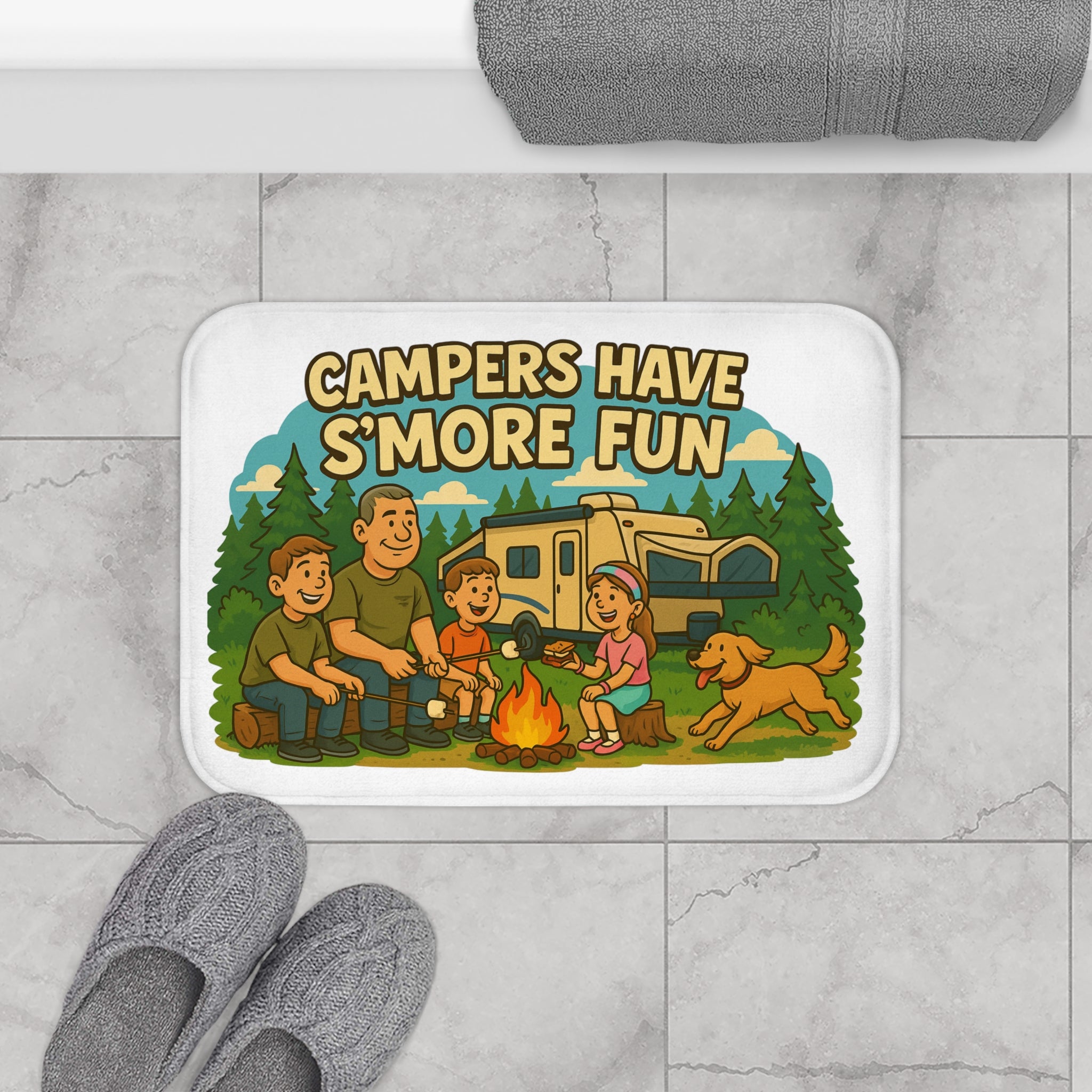 Camping Bath Mat - Fun Campers Design, Outdoor Decor, S'mores Lovers Gift, Bathroom Accessory, Family Camping Theme