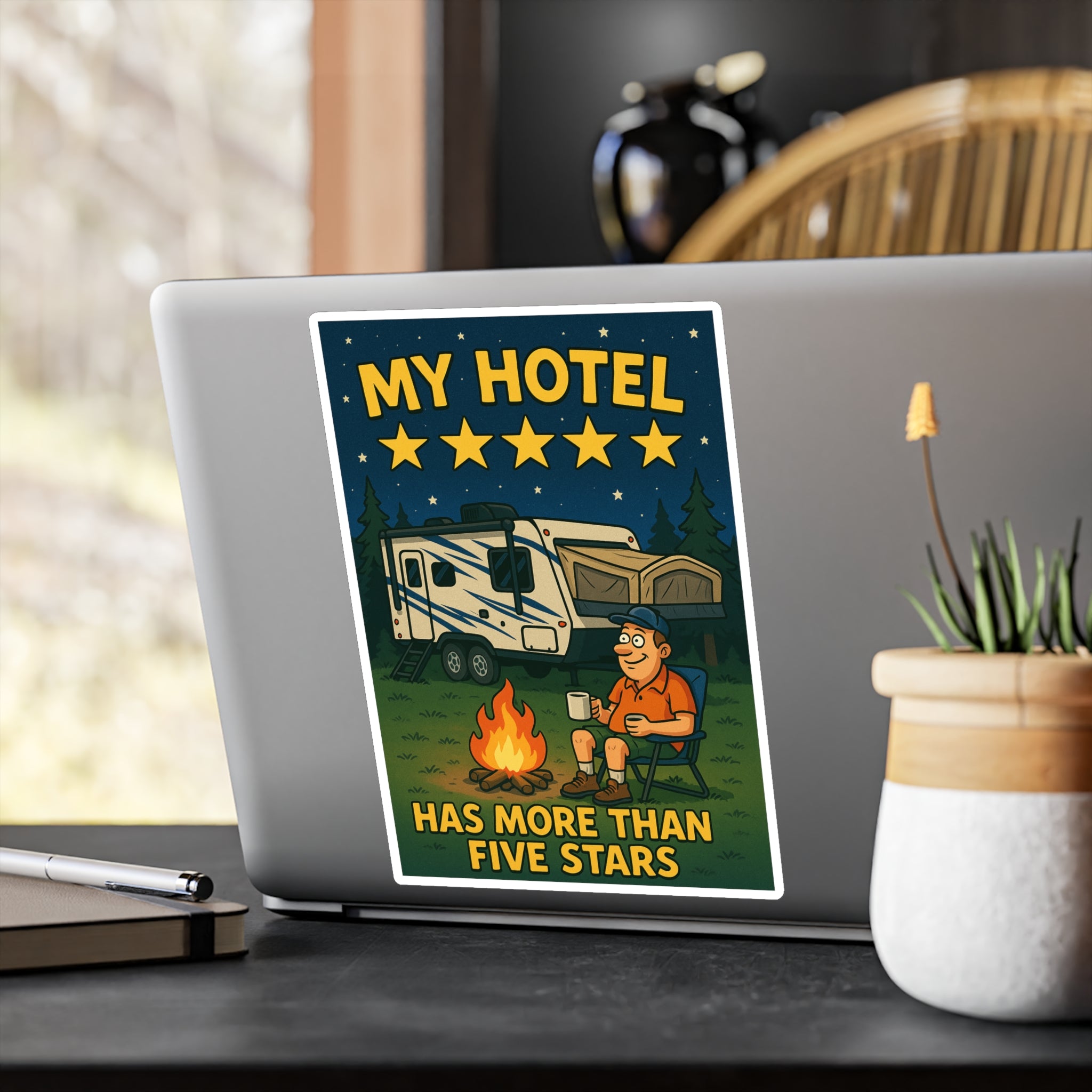 Camping Humor Vinyl Decal, My Hotel Five Stars Sticker, RV Camping Gift, Fun Outdoors Décor, Travel Décal for Adventure Lovers