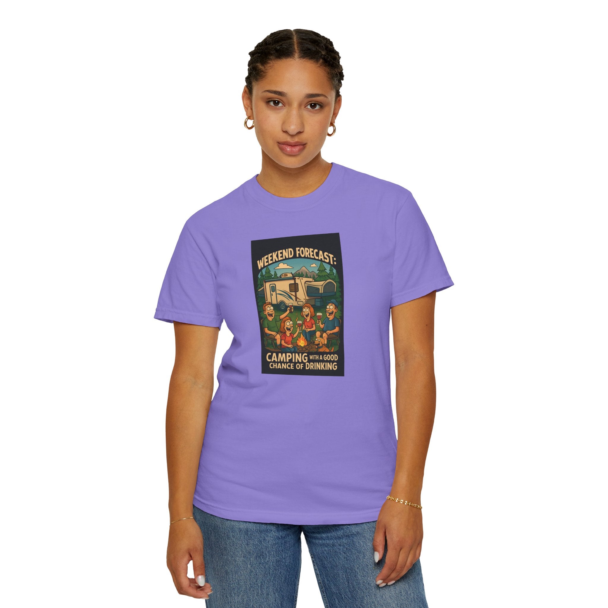 Camping Forecast T-Shirt, Unisex Graphic Tee, Gift for Campers, Outdoor Adventure Apparel, Weekend Getaway Shirt, Nature Lover's Tee