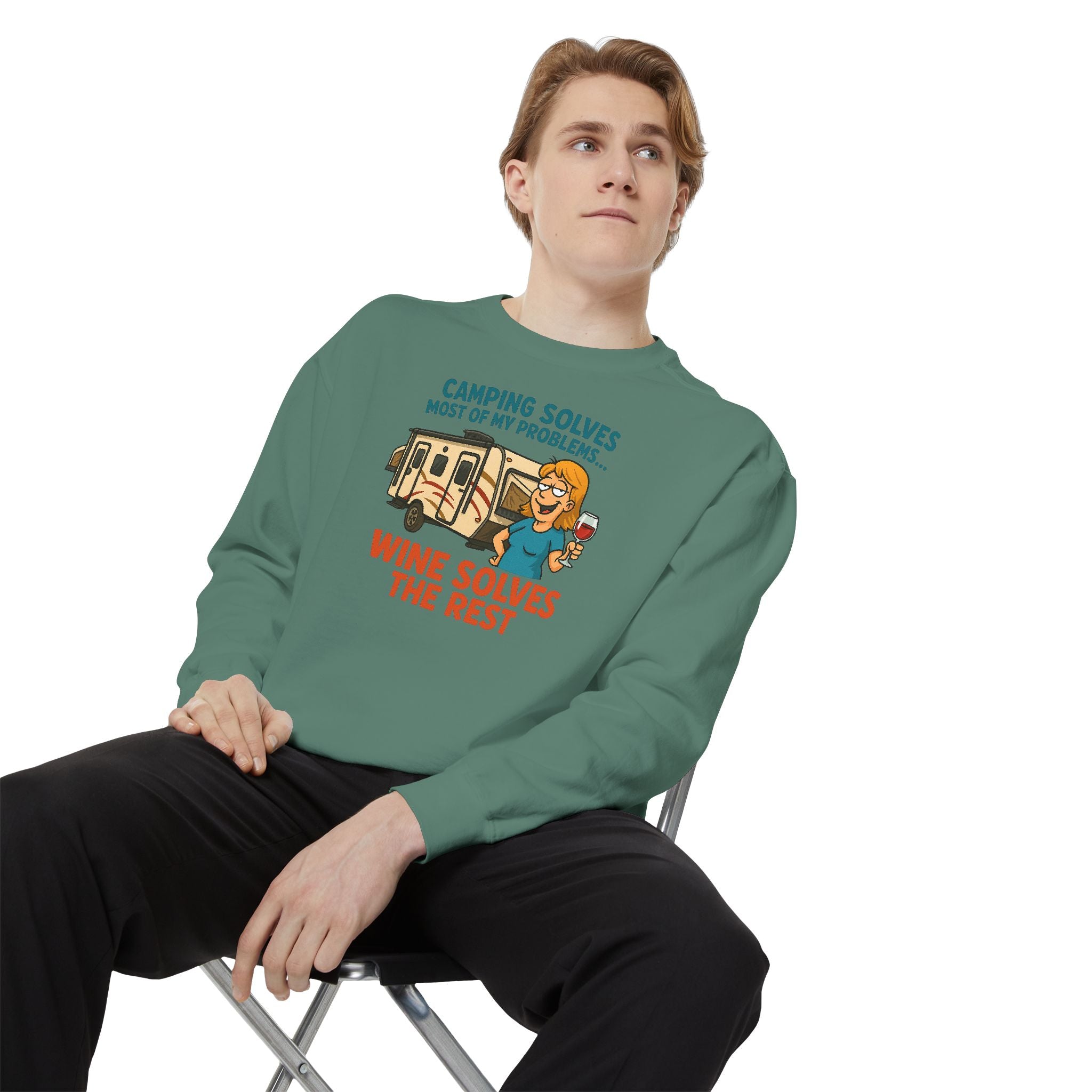 Camping Wine Sweatshirt | Unisex Garment-Dyed Pullover | Cozy Gift for Campers | Outdoor Adventures Apparel | Relaxed Fit Top