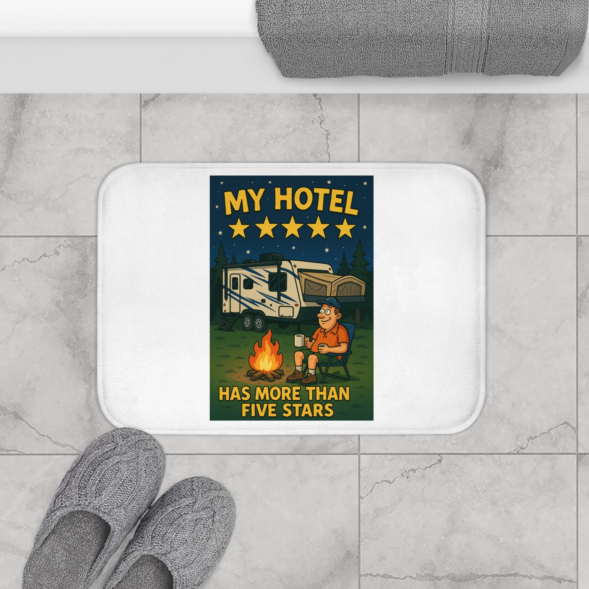 Camping-Themed Bath Mat, My Hotel Has More than Five Stars, RV Decor, Outdoor Lover Gift, Bathroom Rug, Camping Accessories