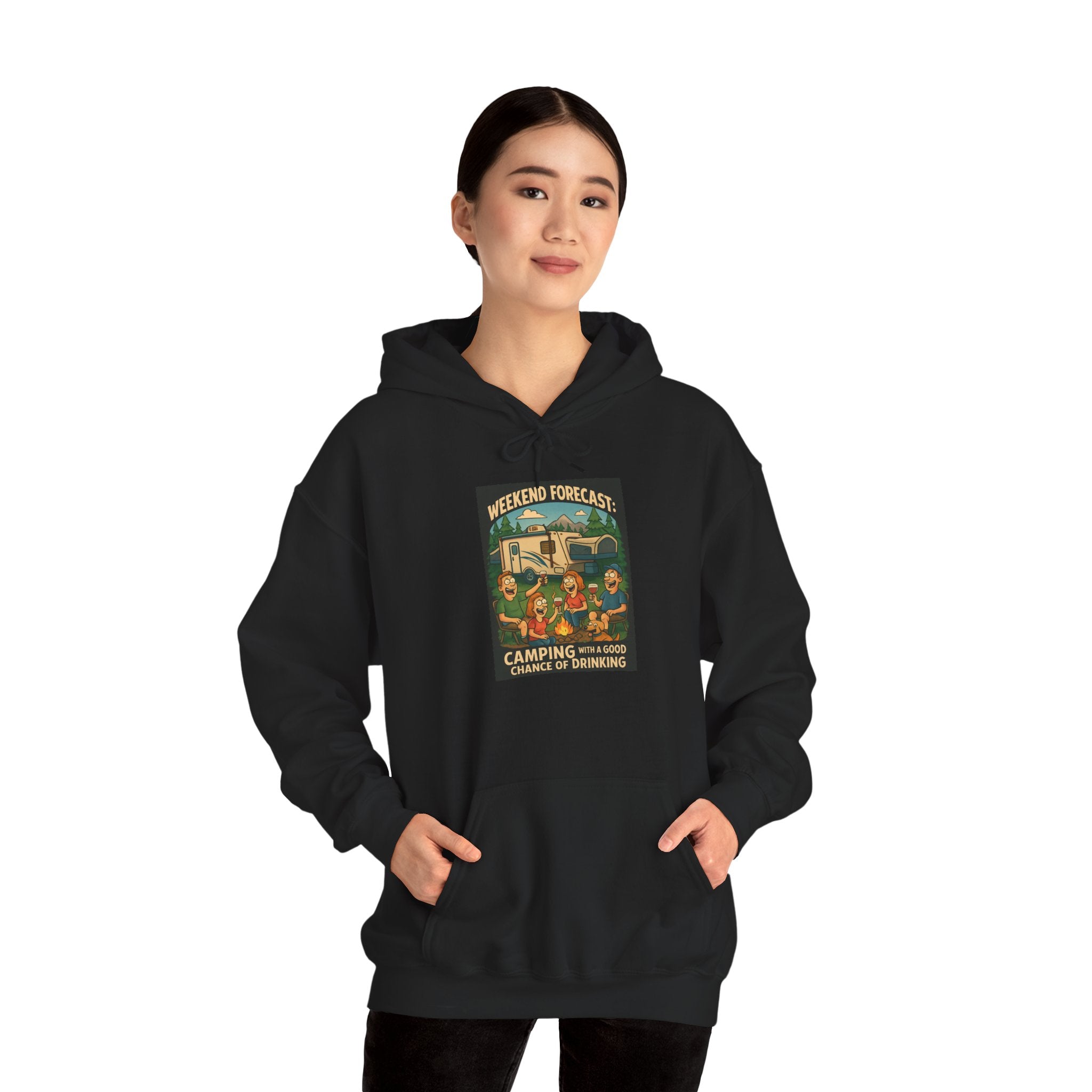 Camping Forecast Graphic Hoodie, Unisex Heavy Blend Sweatshirt, Outdoor Apparel, Weekend Getaway Gift, Nature Lover Clothing