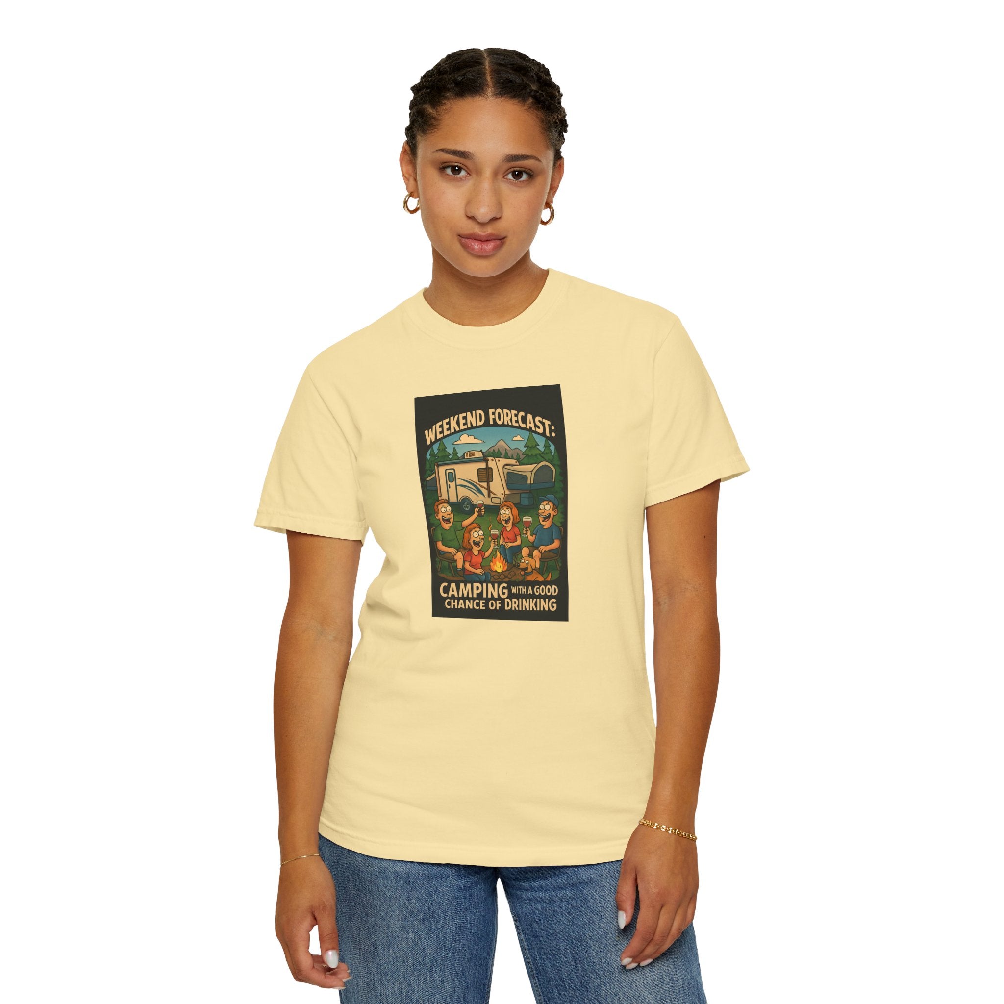 Camping Forecast T-Shirt, Unisex Graphic Tee, Gift for Campers, Outdoor Adventure Apparel, Weekend Getaway Shirt, Nature Lover's Tee