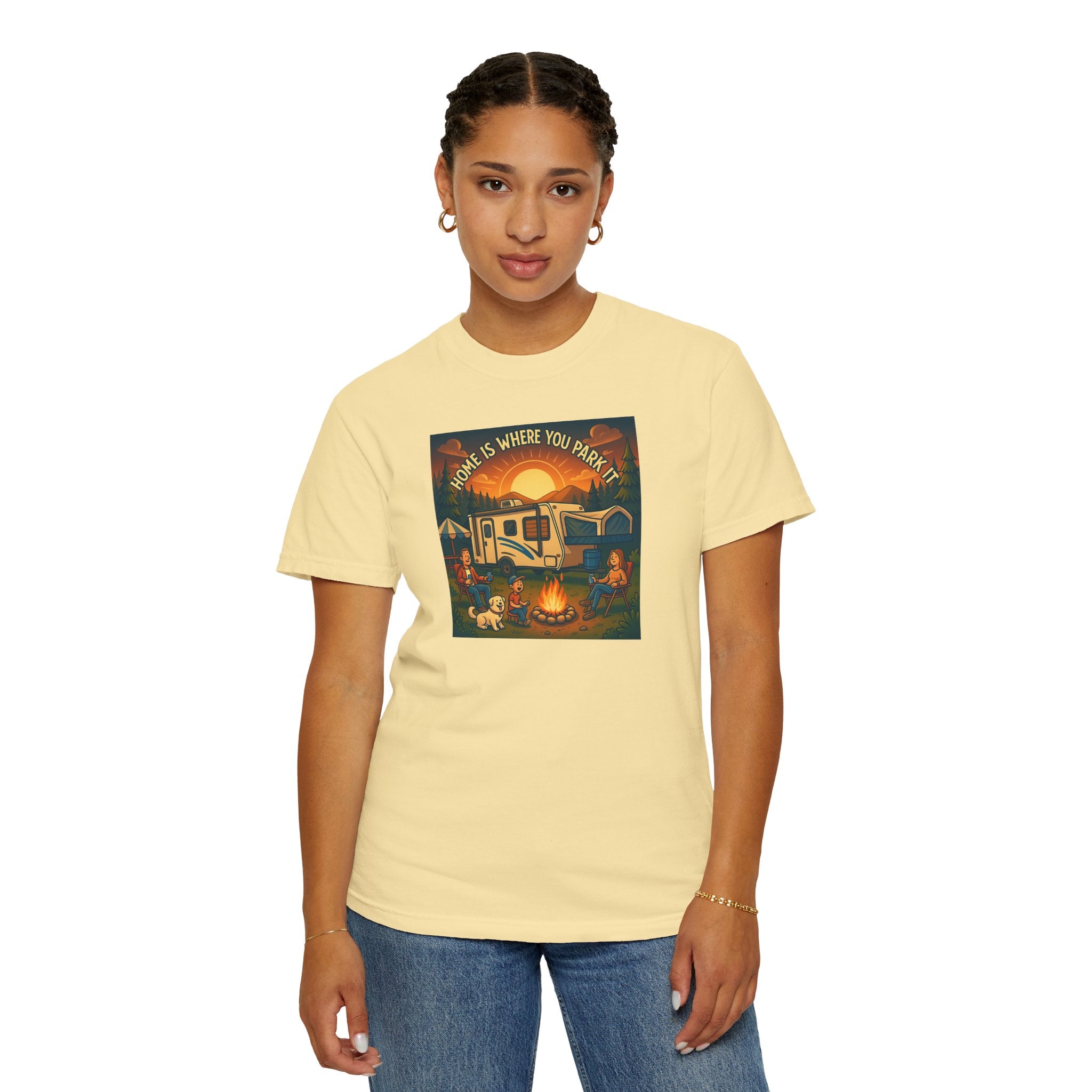Home Is Where You Park T-shirt - Unisex Garment-Dyed Tee for Campers, Adventure Lovers, Outdoor Enthusiasts, Gift Idea