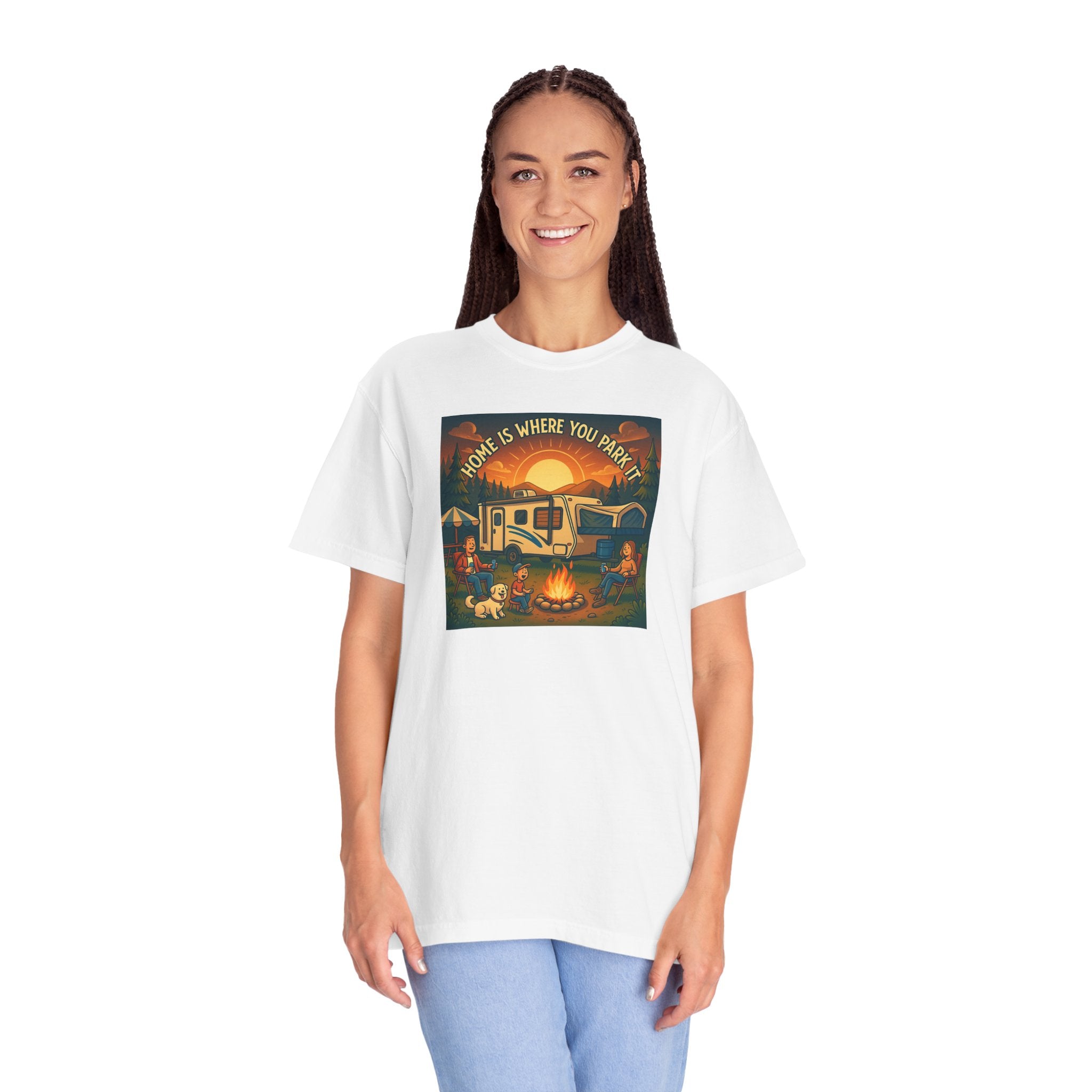 Home Is Where You Park T-shirt - Unisex Garment-Dyed Tee for Campers, Adventure Lovers, Outdoor Enthusiasts, Gift Idea