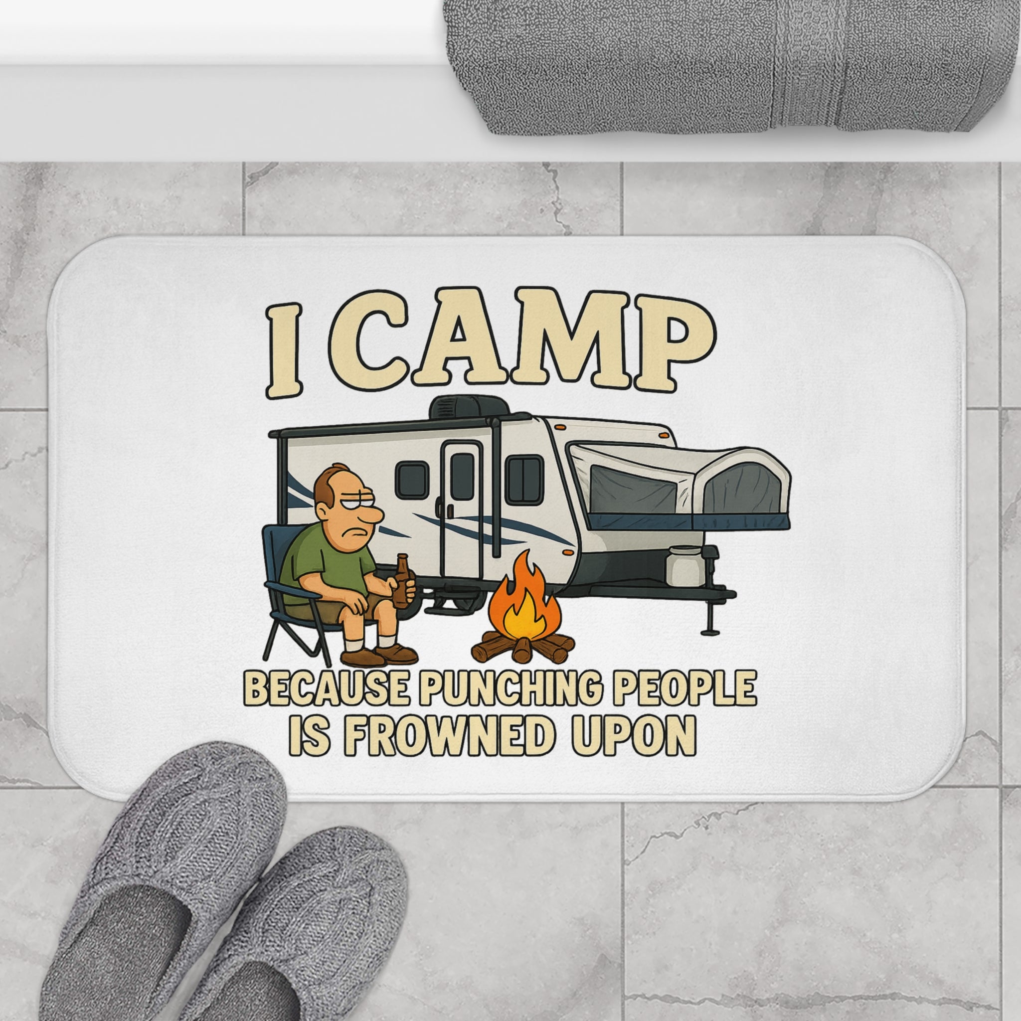 Funny Camping Bath Mat - "I Camp Because Punching People is Frowned Upon"