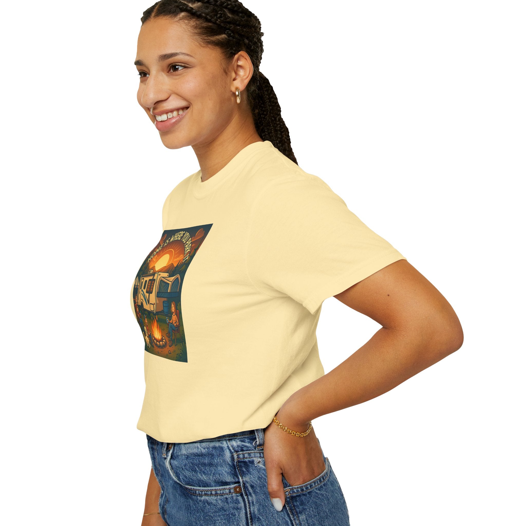 Home Is Where You Park T-shirt - Unisex Garment-Dyed Tee for Campers, Adventure Lovers, Outdoor Enthusiasts, Gift Idea