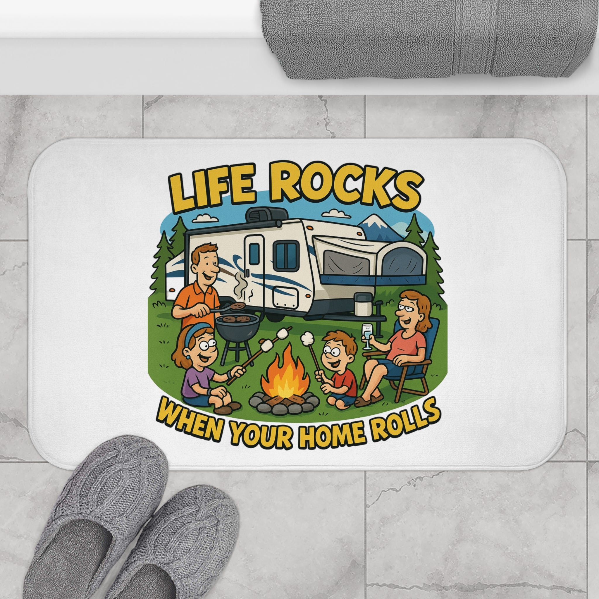 Camping-Themed Bath Mat with Fun RV Quote, Beach Decor, Outdoor Bathroom Rug, Gift for Campers, Life Rocks When Your Home Rolls