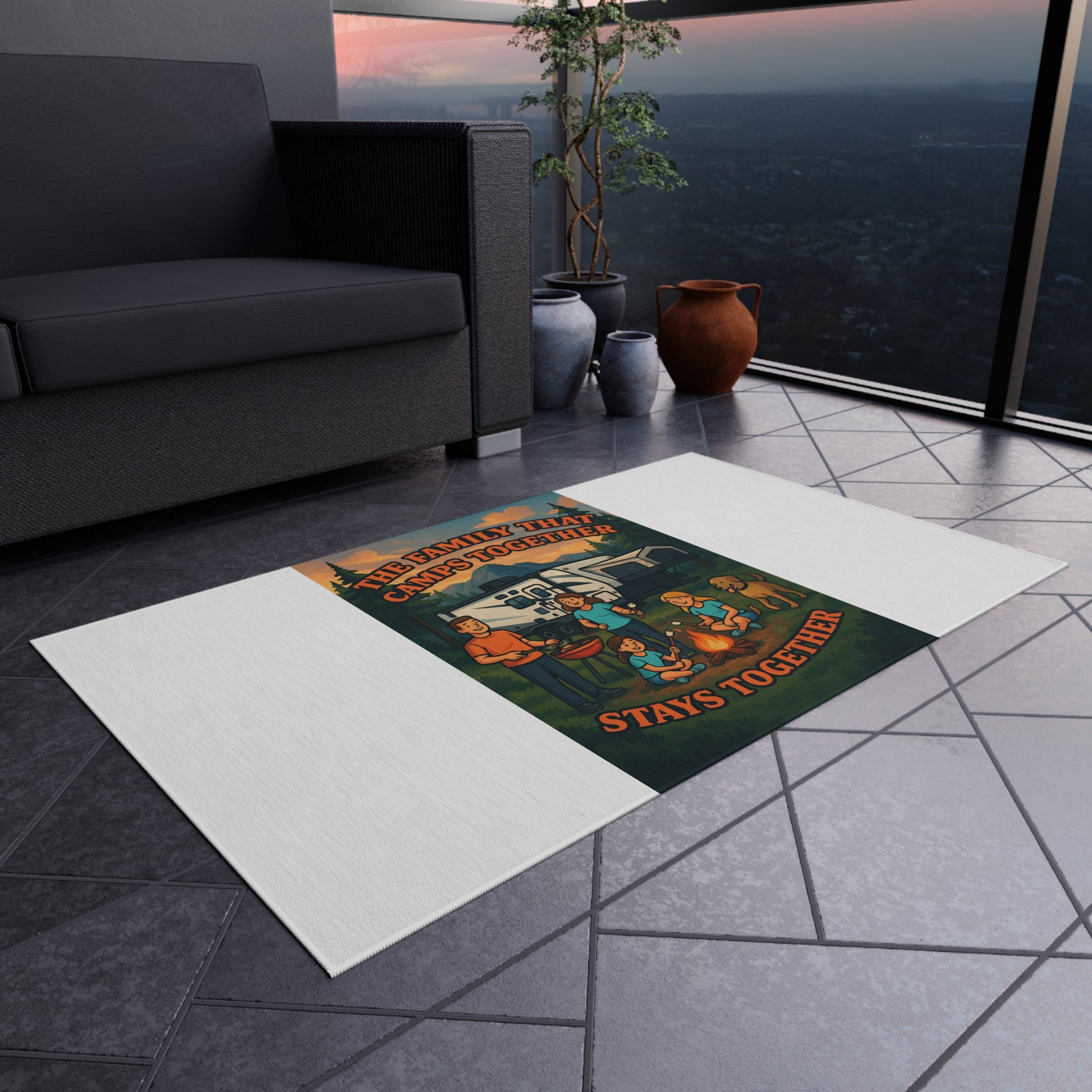 Camping Family Outdoor Rug, Cozy Camp Mat, RV Decor, Family Gathering Accessories, Outdoor Living Essentials