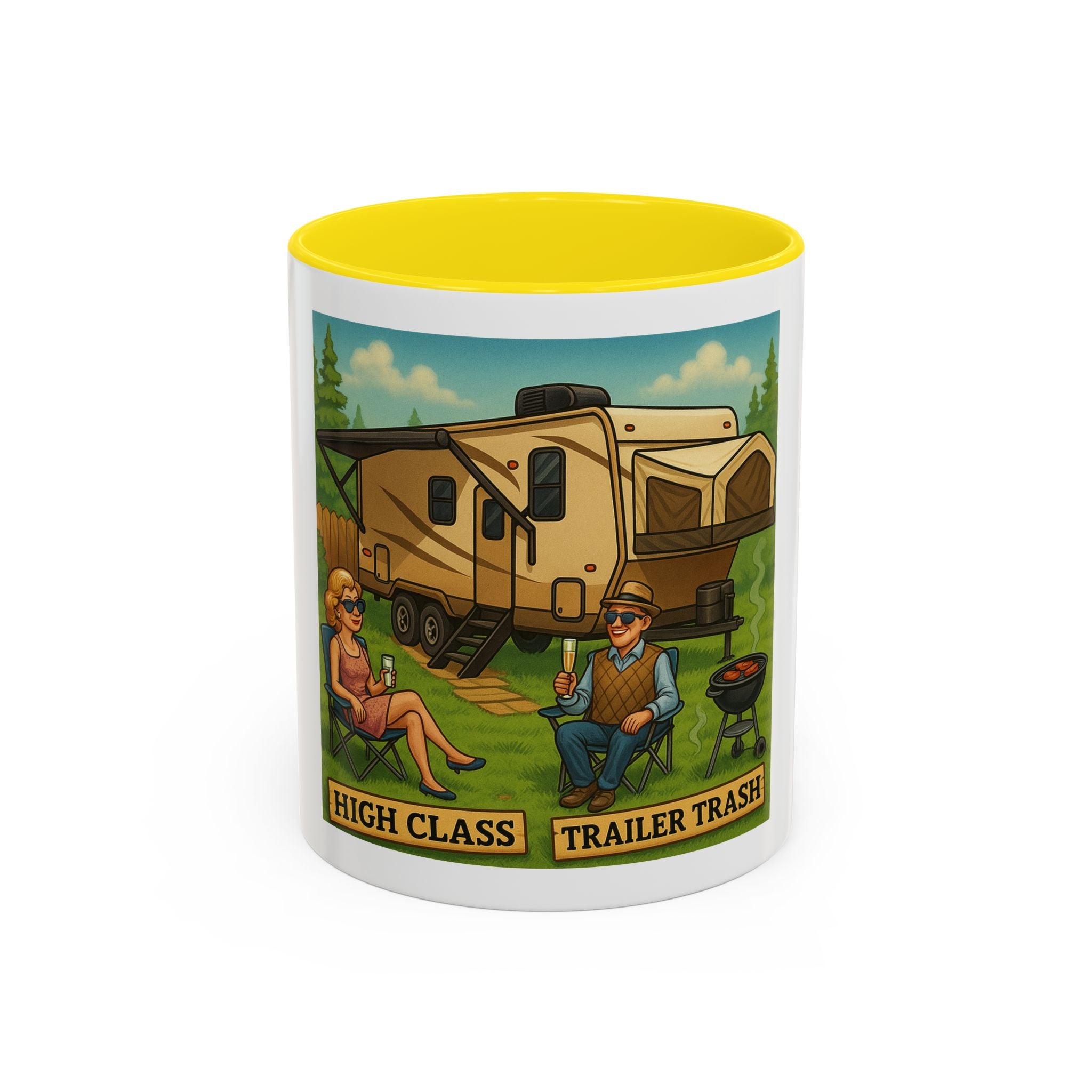 High Class Trailer Trash Coffee Mug - Fun Campfire Ceramic Tea Cup