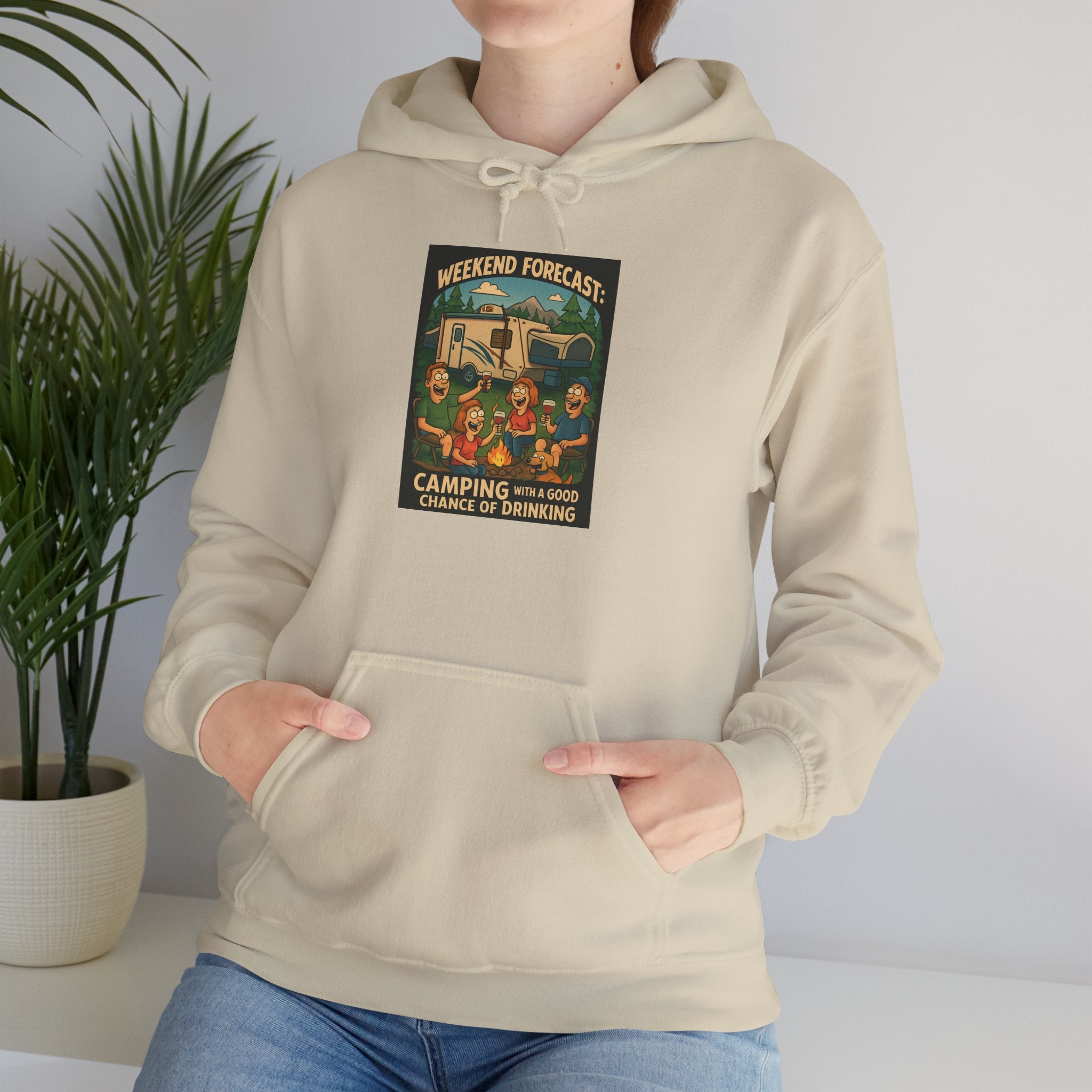 Camping Forecast Graphic Hoodie, Unisex Heavy Blend Sweatshirt, Outdoor Apparel, Weekend Getaway Gift, Nature Lover Clothing