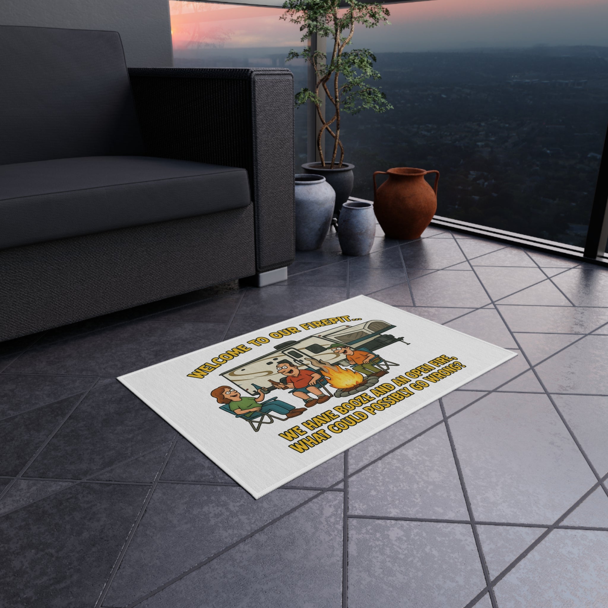 Welcome to Our Firepit Outdoor Rug - Perfect for Camping, Backyard Gatherings, RV Decor, and Bonfire Nights