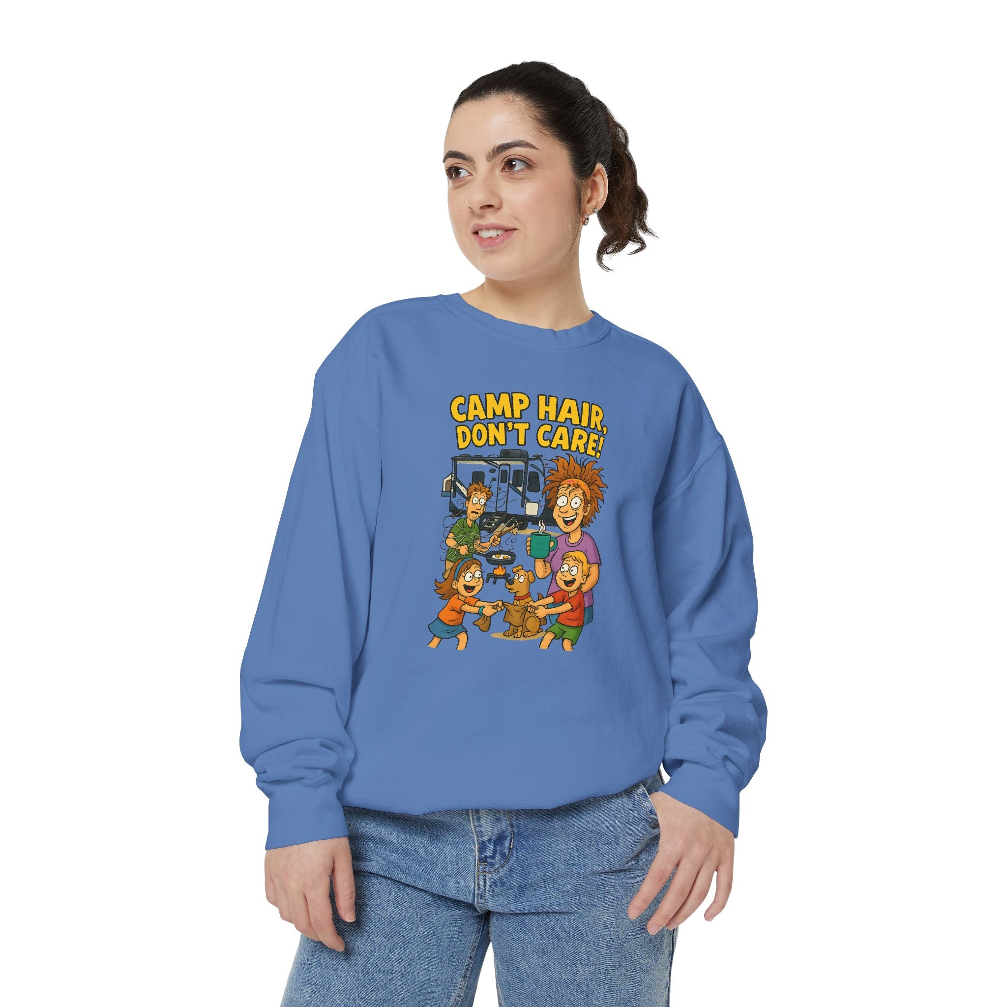 Camp Hair Don't Care Sweatshirt, Cozy Unisex Sweater, Perfect for Campers, Gift for Travel Lovers, Casual Outfit, All Season