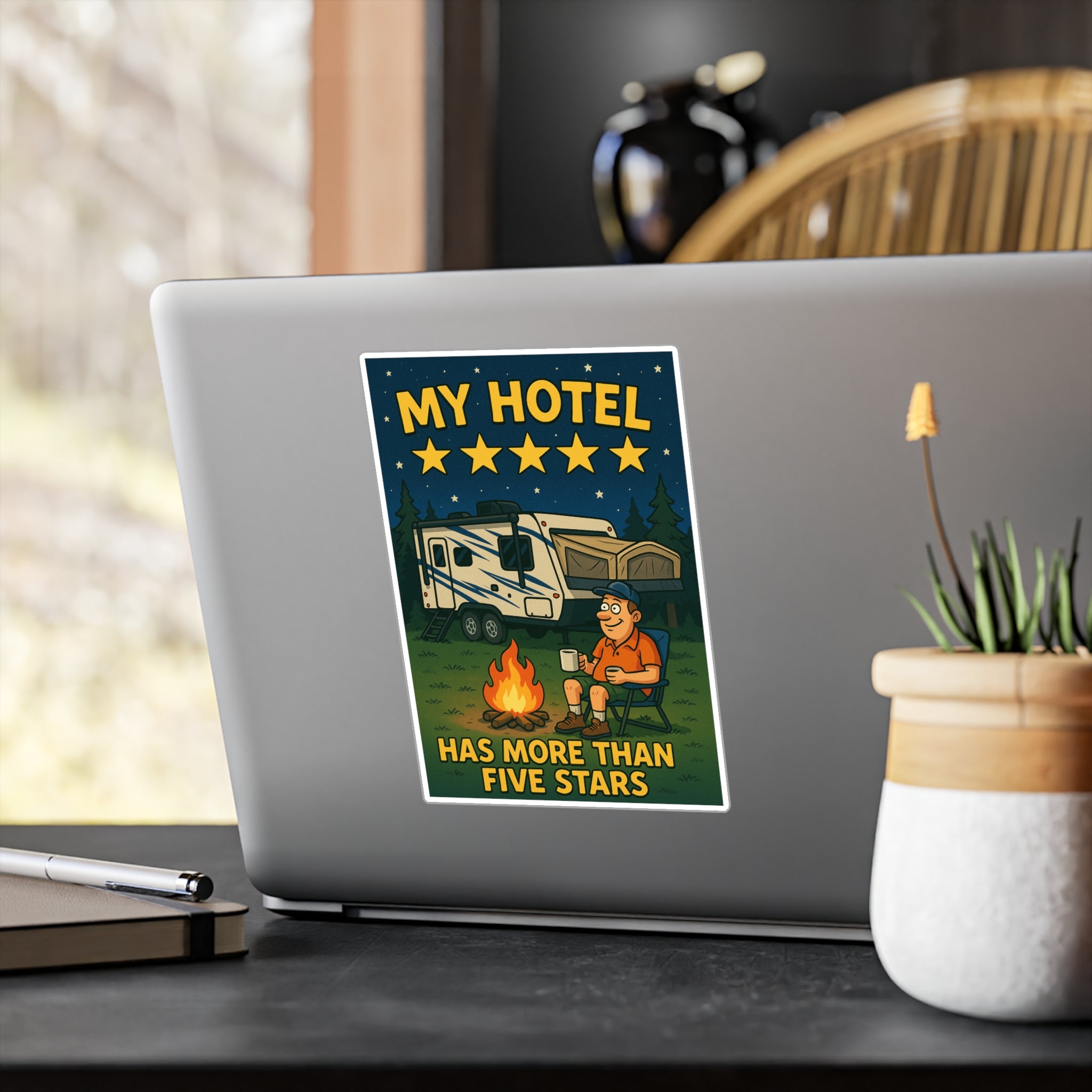 Camping Humor Vinyl Decal, My Hotel Five Stars Sticker, RV Camping Gift, Fun Outdoors Décor, Travel Décal for Adventure Lovers