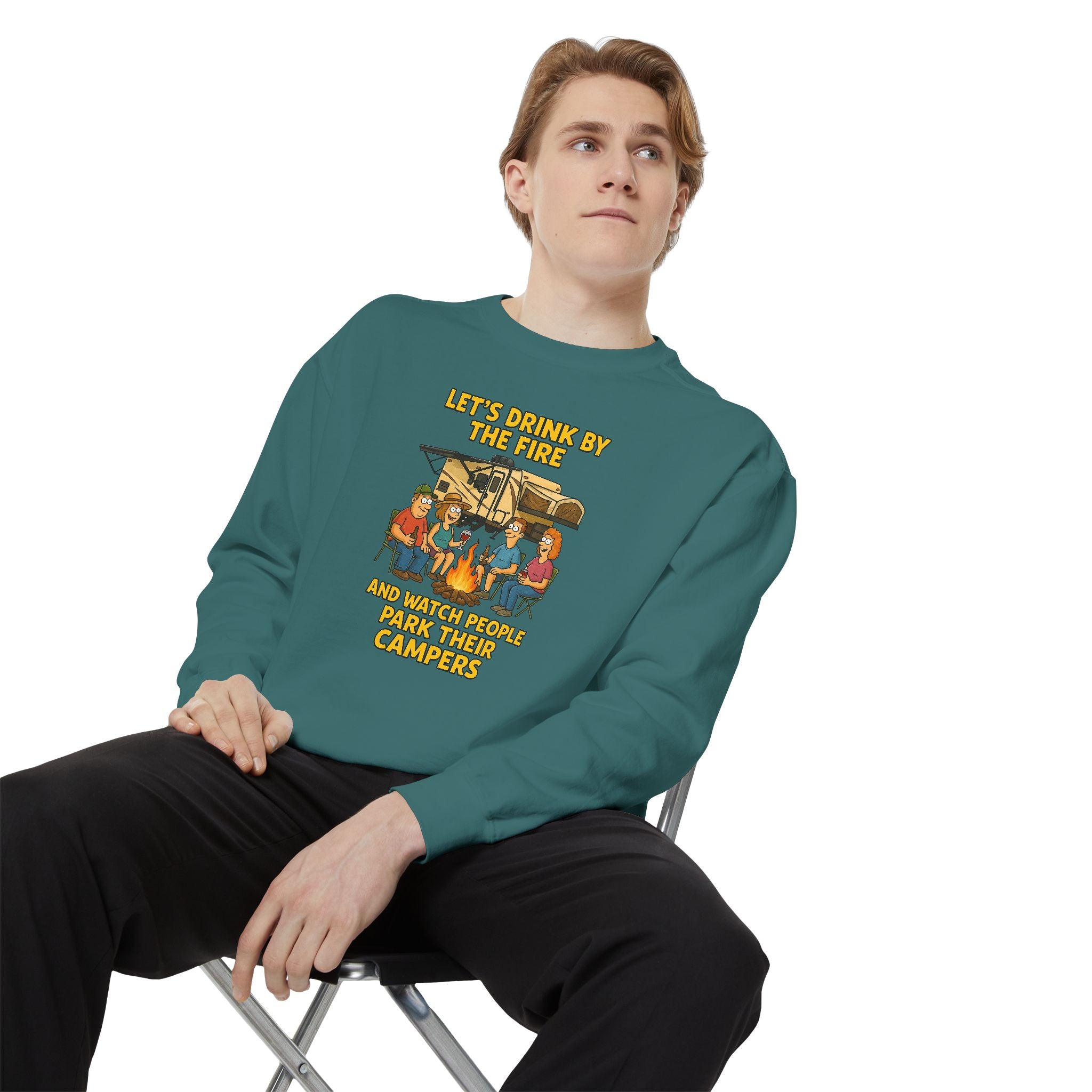 Cozy Campfire Sweatshirt - Let’s Drink by the Fire, Unisex Pullover, Perfect for Bonfires, Camping Trips, Outdoor Gatherings, Cozy Nights