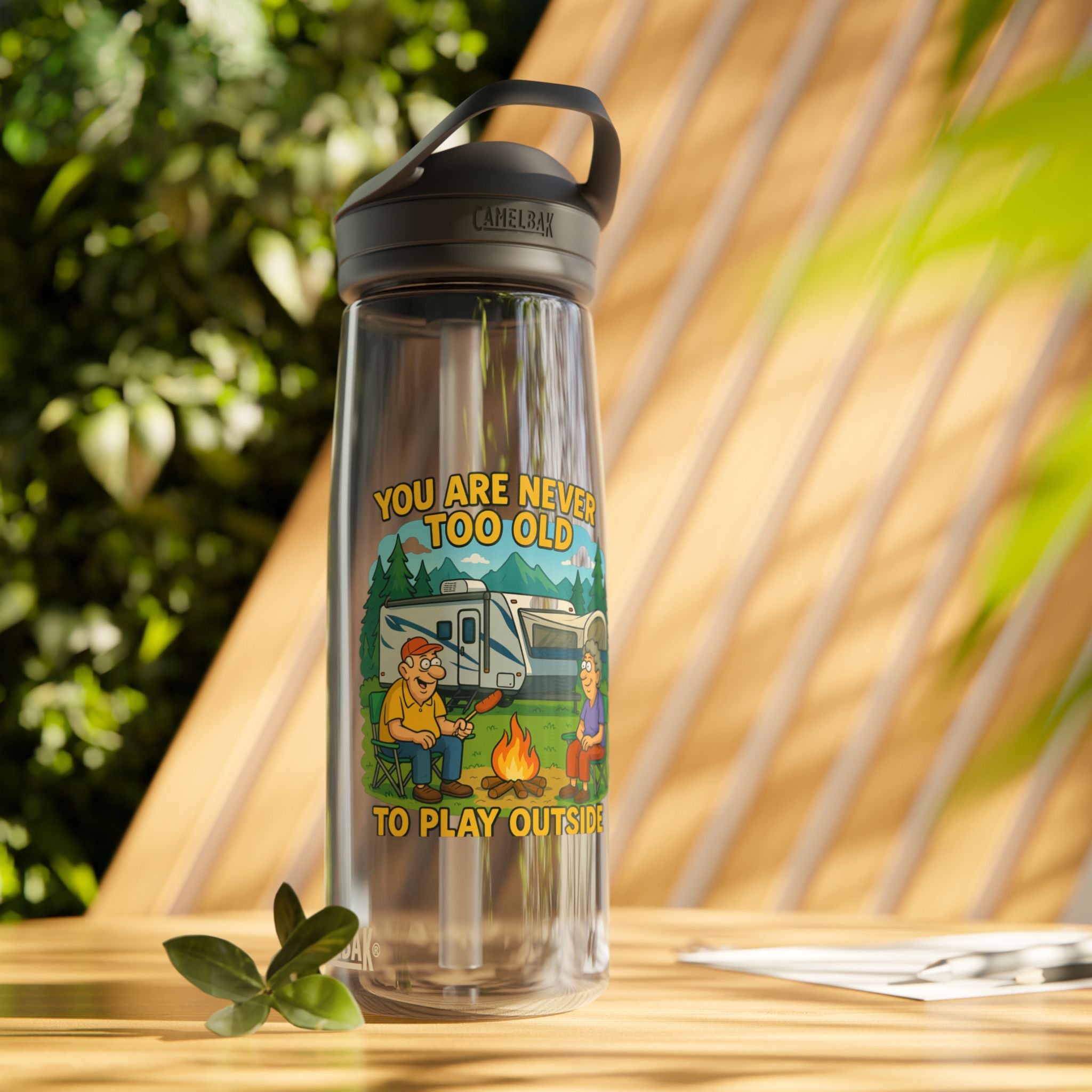Vintage Camping Water Bottle - "You Are Never Too Old to Play Outside"