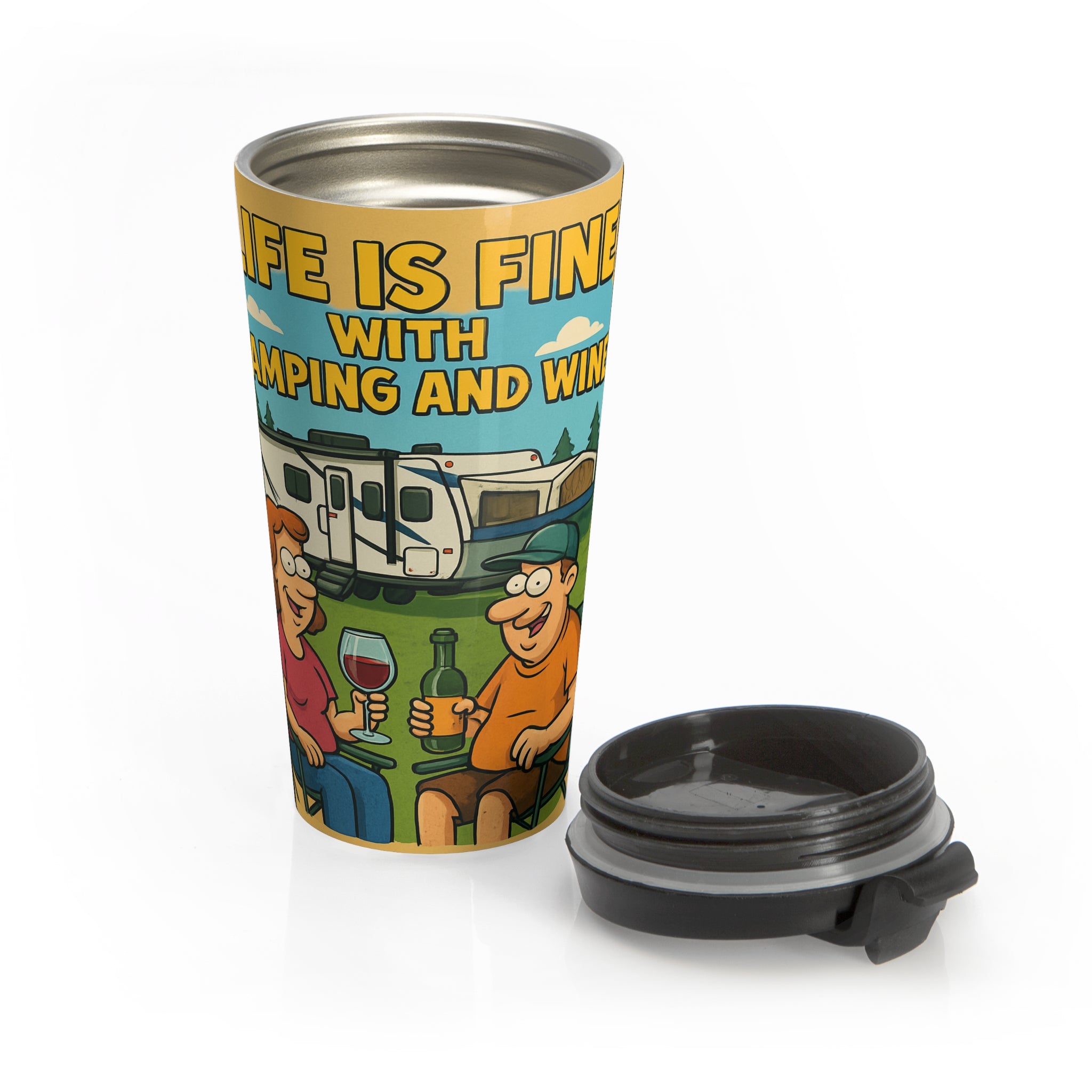 Hybrid RV Travel Mug - Life is Fine with Camping and Wine