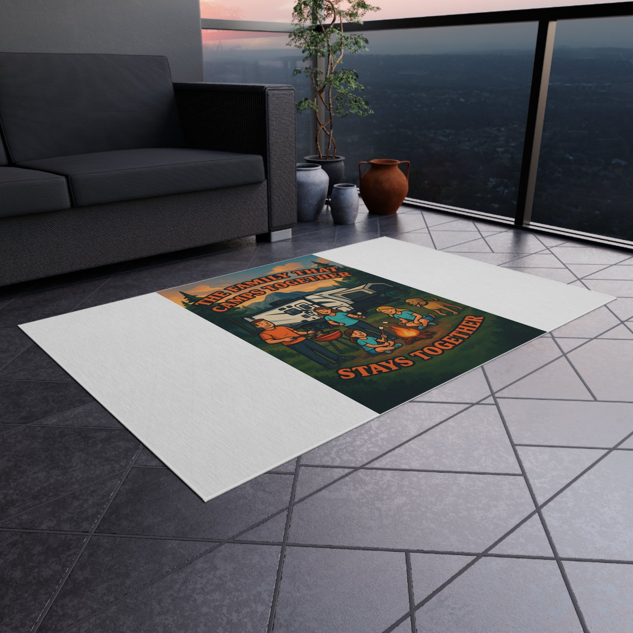 Camping Family Outdoor Rug, Cozy Camp Mat, RV Decor, Family Gathering Accessories, Outdoor Living Essentials