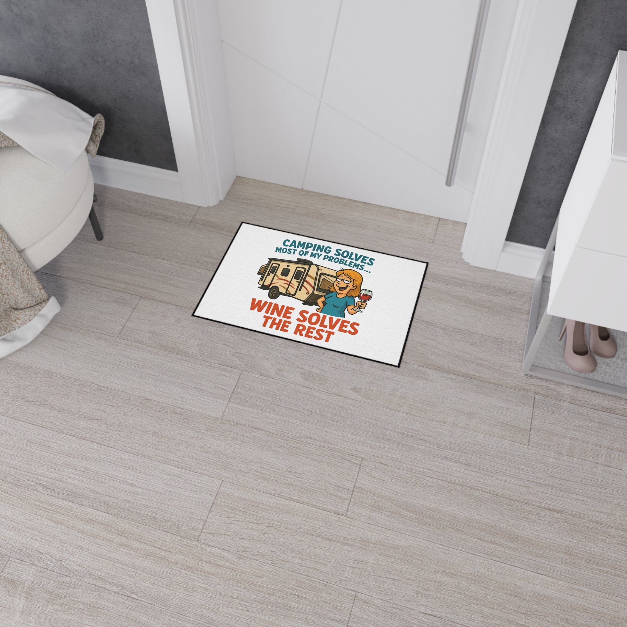 Camping Themed Floor Mat - 'Camping Solves... Wine Solves the Rest', Outdoor Decor, RV Accessories, Gift for Campers, Wine Lovers