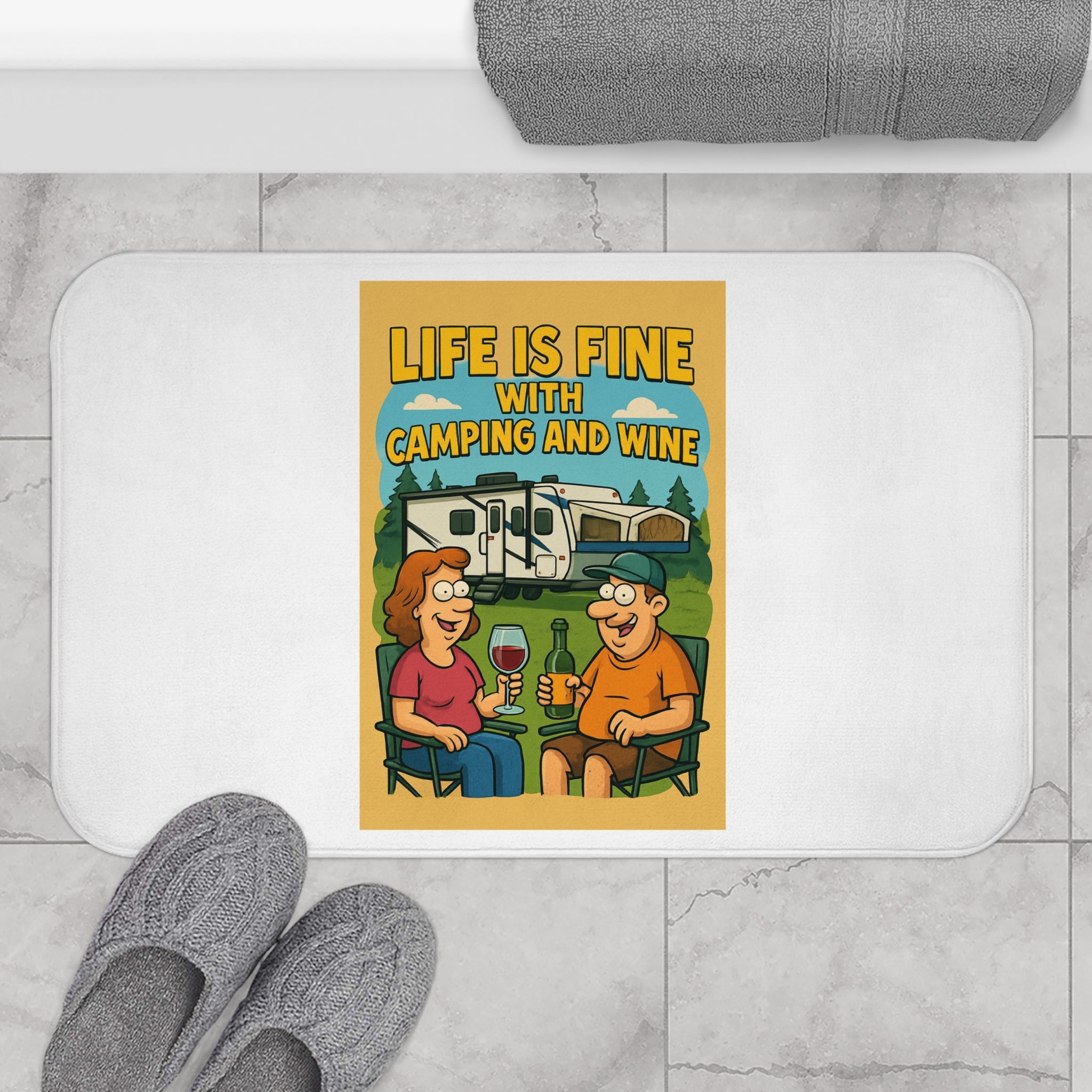 Camping & Wine Bath Mat - Life is Fine, RV Decor, Kitchen Mat, Home Gift, Outdoorsy Bathroom Accessories