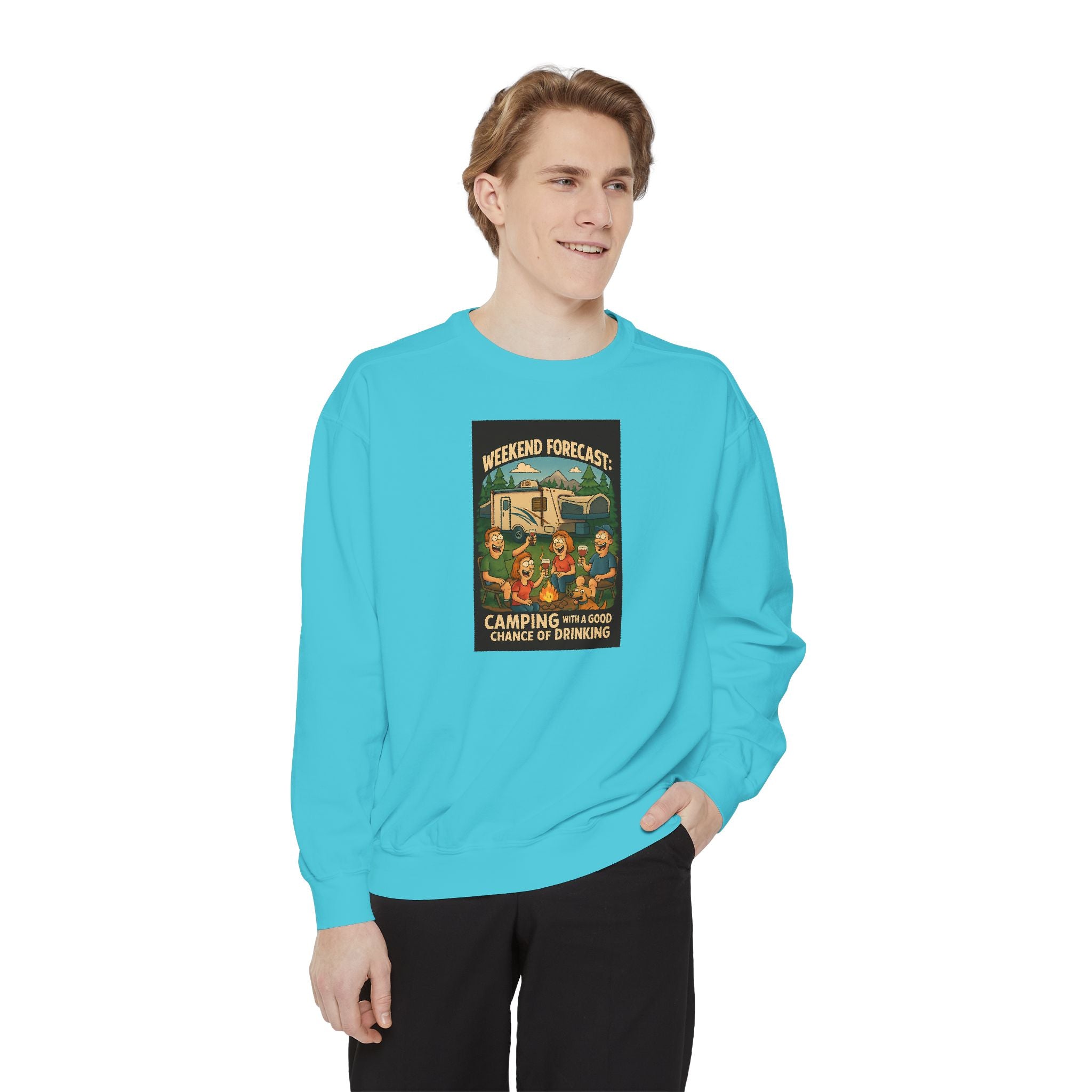 Weekend Forecast Camping Sweatshirt, Cozy Unisex Sweatshirt, Gift for Campers, Outdoor Adventure Apparel, Relaxed Fit Sweatshirt