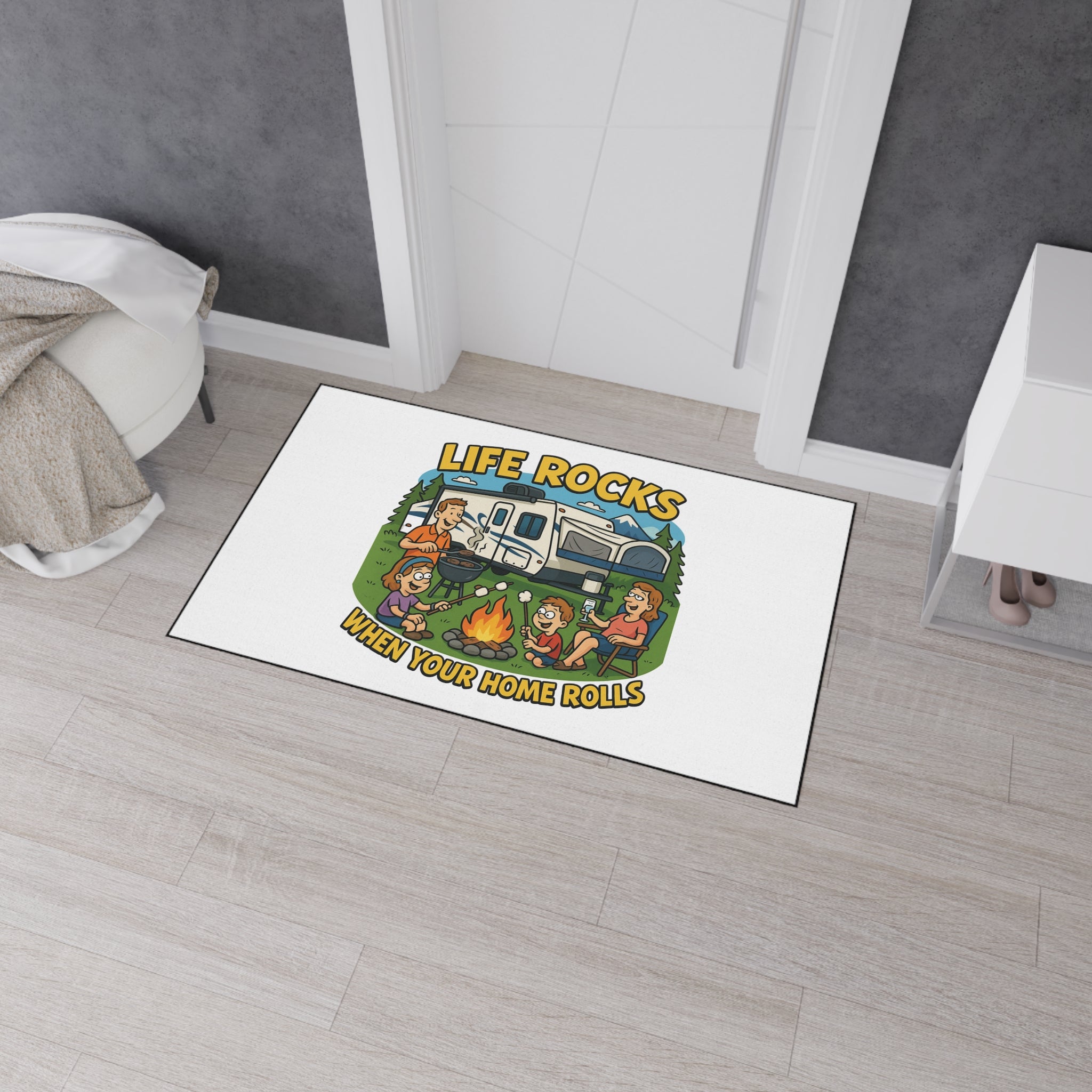 Stylish Camping Floor Mat - 'Life Rocks When Your Home Rolls' Cozy Outdoor Rug, RV Decor, Family Gathering Pad, Campfire Mat, Fun [...]