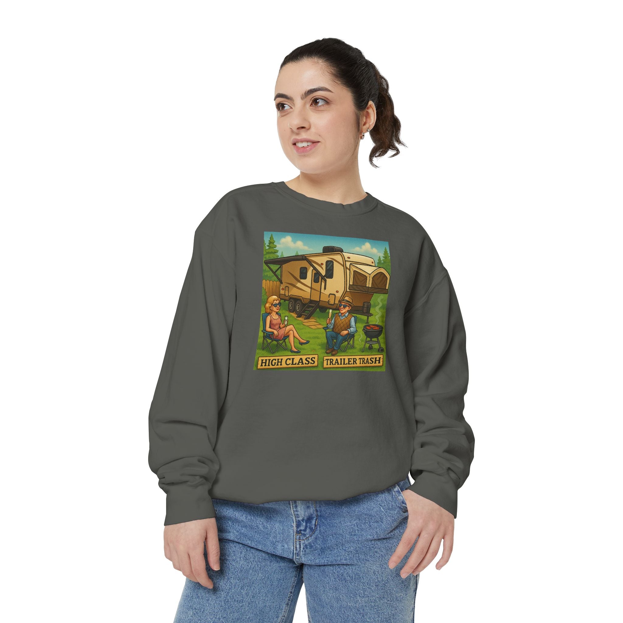 Vintage-Inspired Unisex Sweatshirt with 'High Class Trail Trash' Design