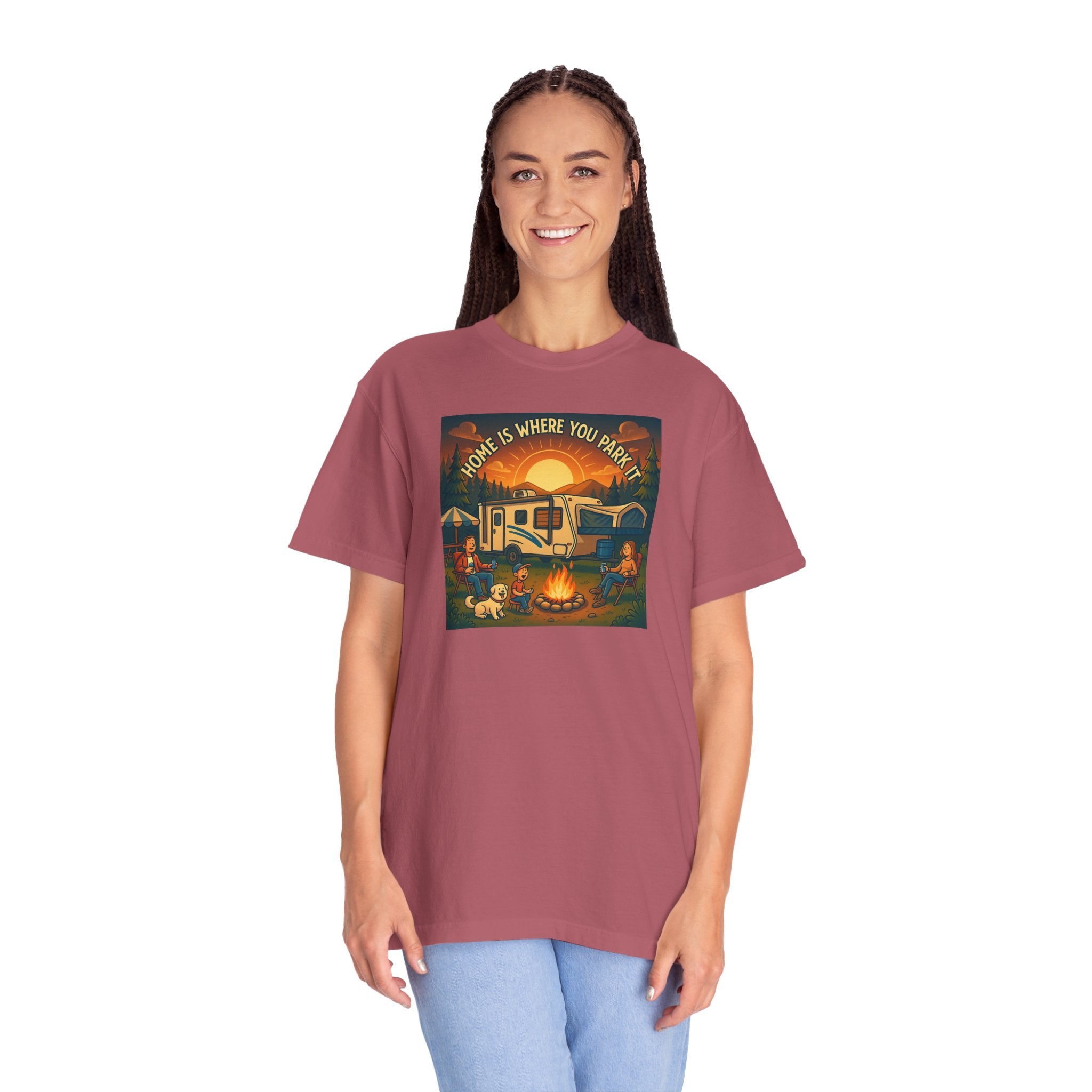 Home Is Where You Park T-shirt - Unisex Garment-Dyed Tee for Campers, Adventure Lovers, Outdoor Enthusiasts, Gift Idea