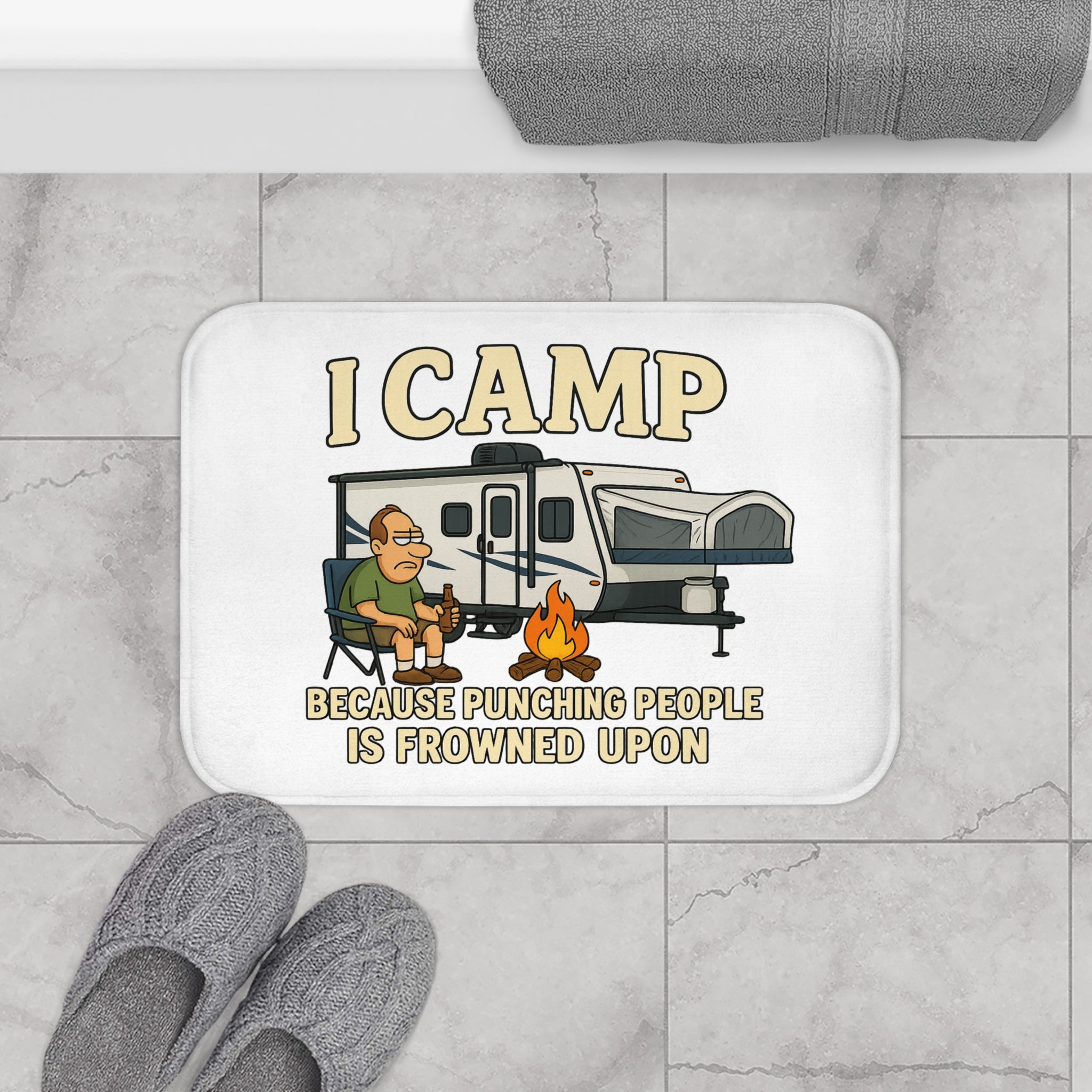 Funny Camping Bath Mat - "I Camp Because Punching People is Frowned Upon"