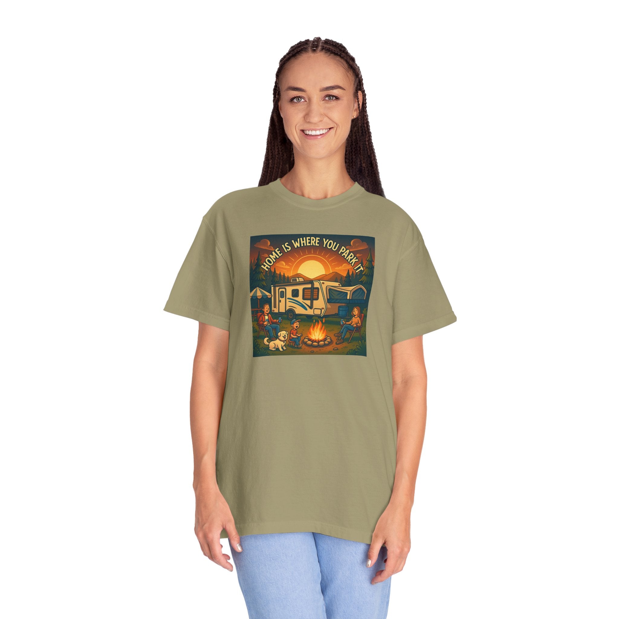 Home Is Where You Park T-shirt - Unisex Garment-Dyed Tee for Campers, Adventure Lovers, Outdoor Enthusiasts, Gift Idea