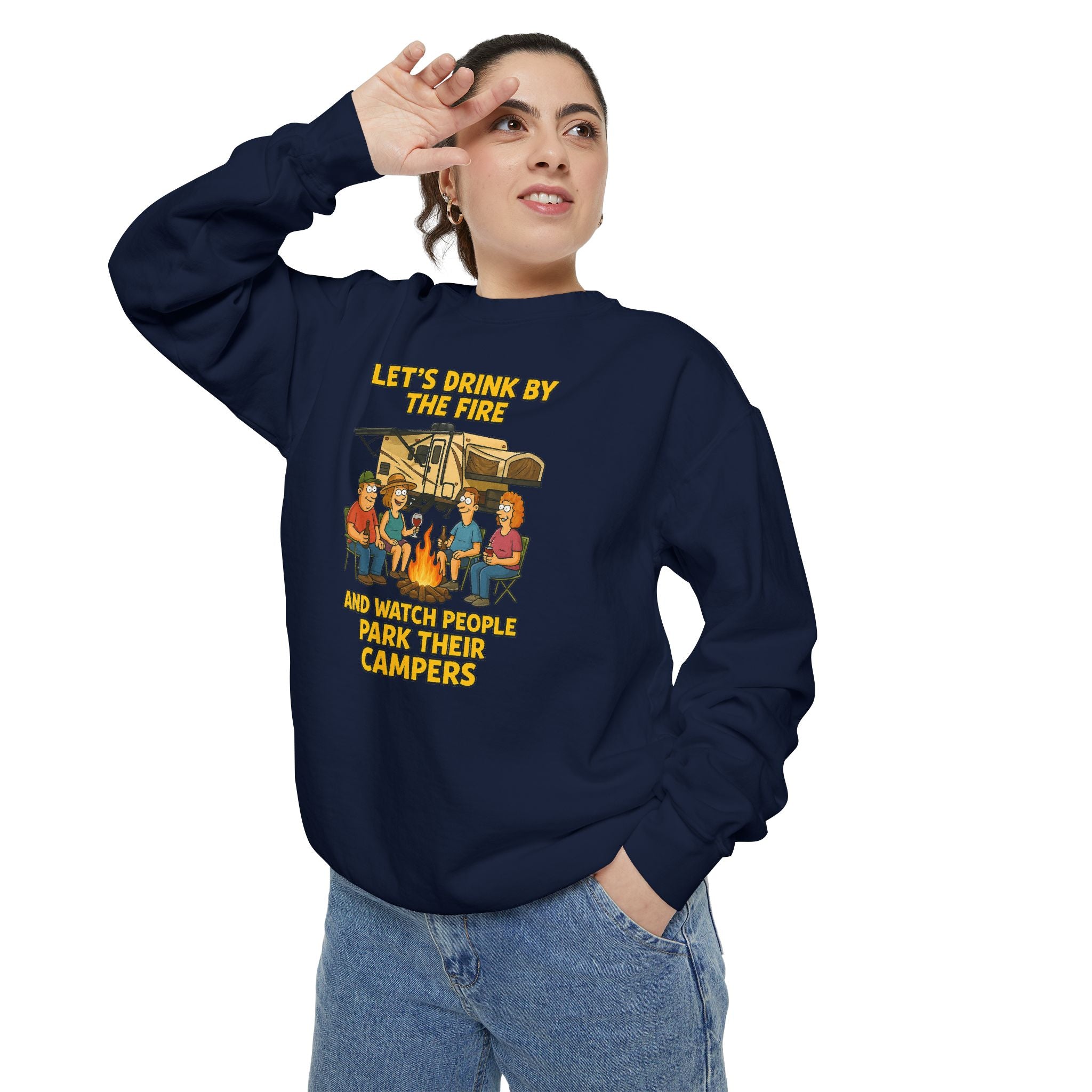 Cozy Campfire Sweatshirt - Let’s Drink by the Fire, Unisex Pullover, Perfect for Bonfires, Camping Trips, Outdoor Gatherings, Cozy Nights