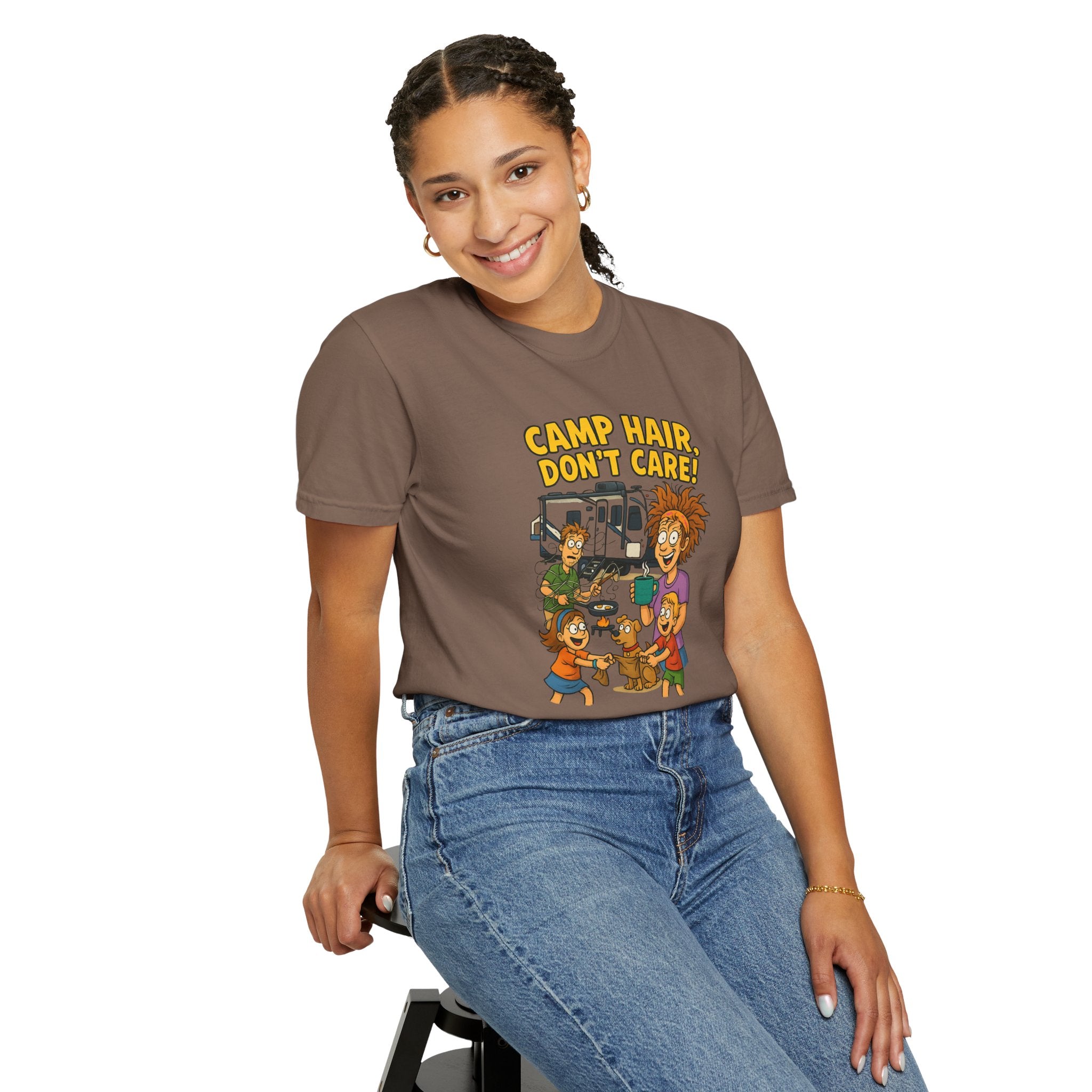Camp Hair Don't Care T-Shirt, Unisex Garment-Dyed Tee, Camping Apparel, Funny Summer Shirt, Outdoor Lovers Gift, Vacation Essential