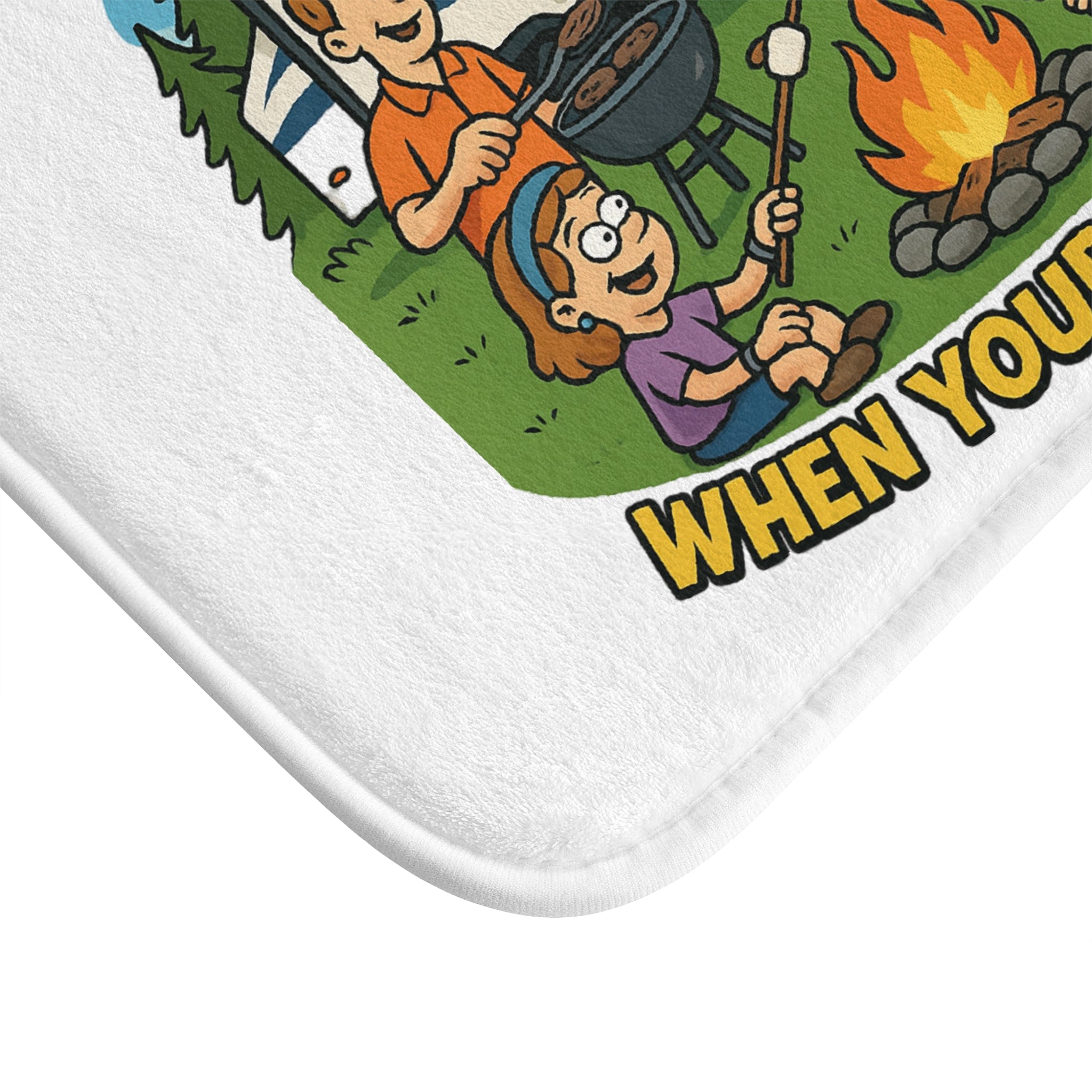 Camping-Themed Bath Mat with Fun RV Quote, Beach Decor, Outdoor Bathroom Rug, Gift for Campers, Life Rocks When Your Home Rolls