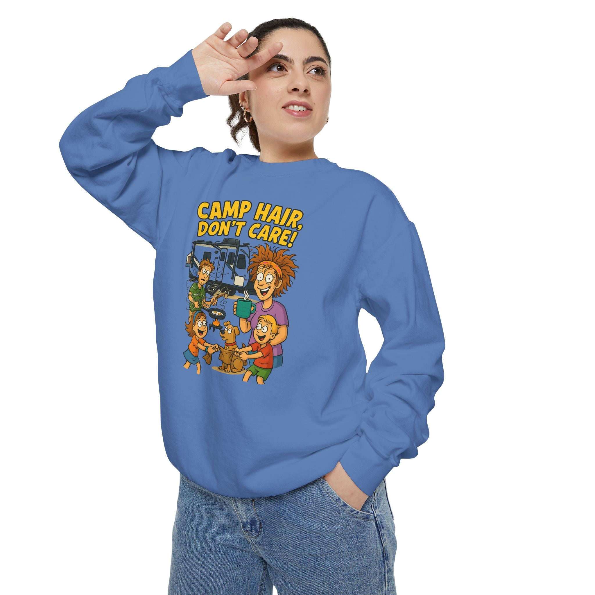 Camp Hair Don't Care Sweatshirt, Cozy Unisex Sweater, Perfect for Campers, Gift for Travel Lovers, Casual Outfit, All Season
