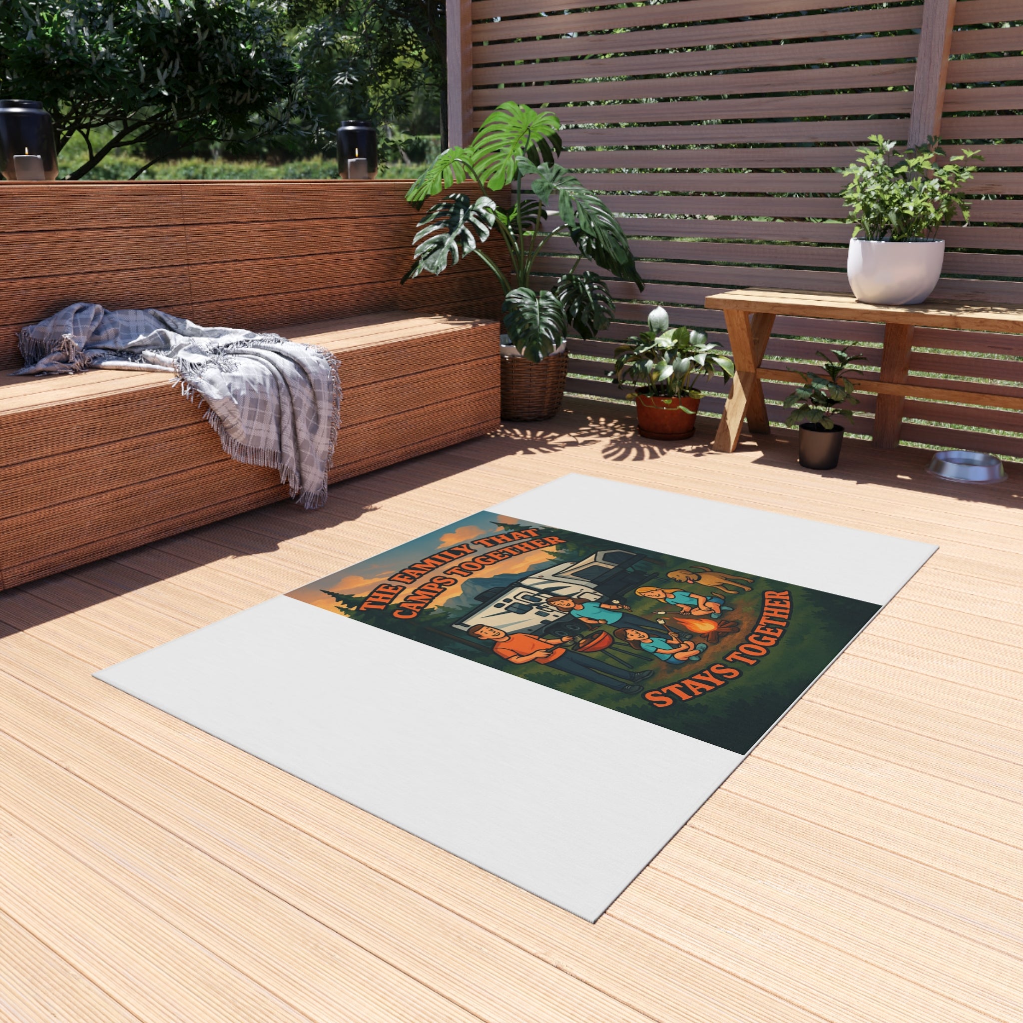 Camping Family Outdoor Rug, Cozy Camp Mat, RV Decor, Family Gathering Accessories, Outdoor Living Essentials
