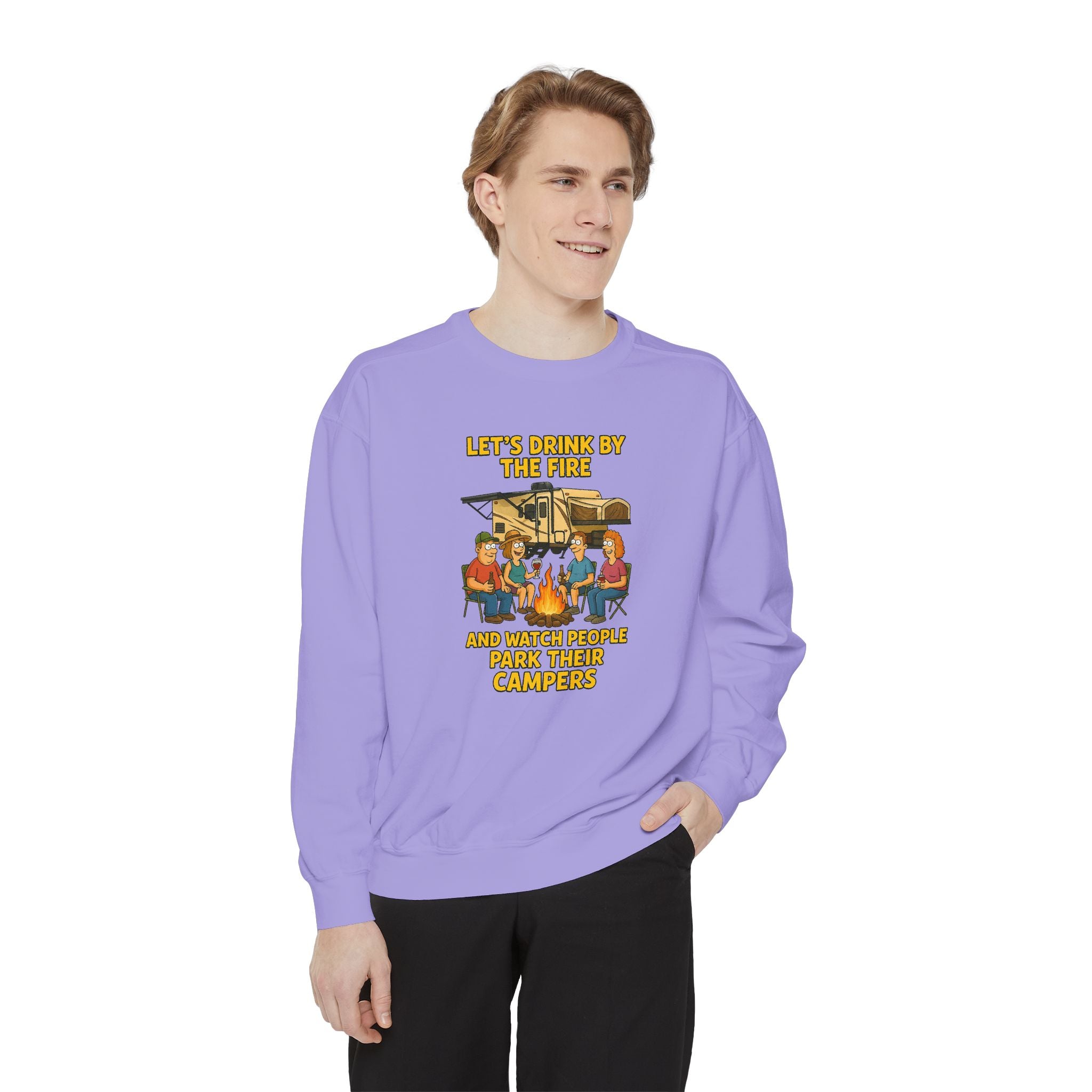 Cozy Campfire Sweatshirt - Let’s Drink by the Fire, Unisex Pullover, Perfect for Bonfires, Camping Trips, Outdoor Gatherings, Cozy Nights