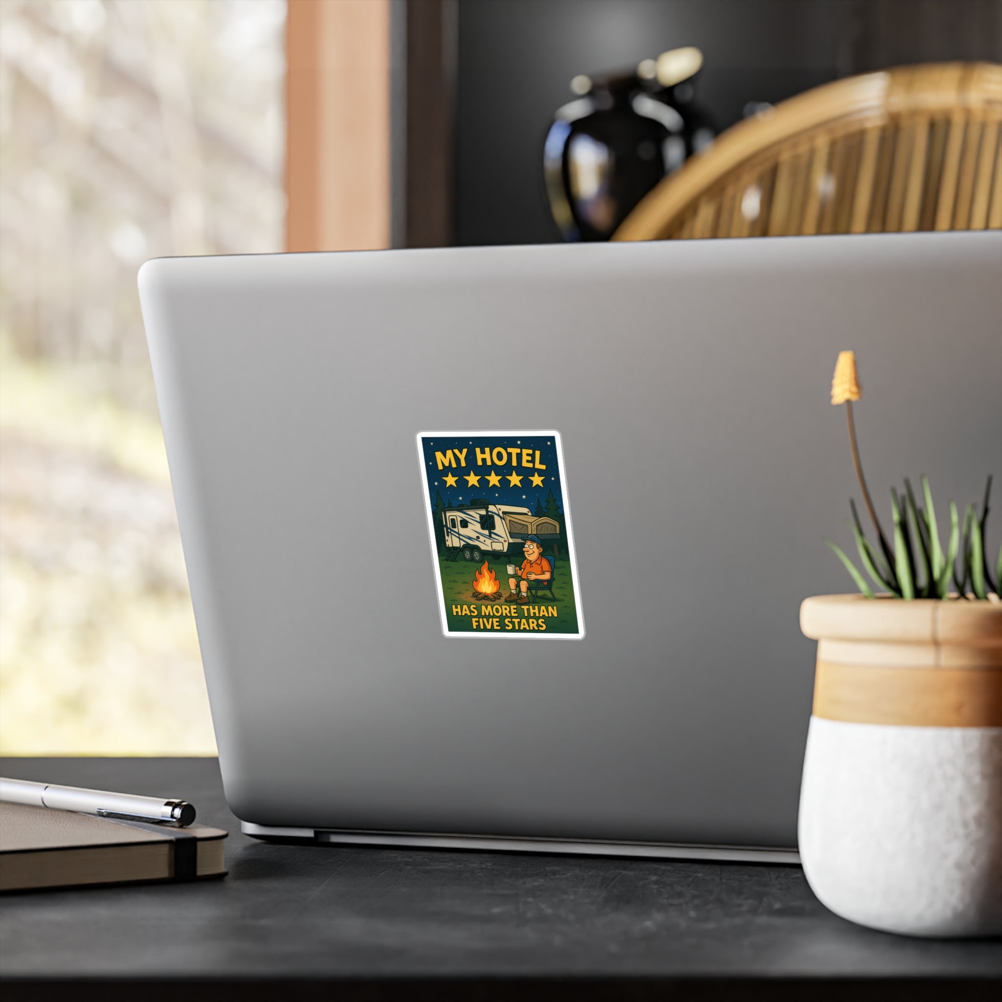 Camping Humor Vinyl Decal, My Hotel Five Stars Sticker, RV Camping Gift, Fun Outdoors Décor, Travel Décal for Adventure Lovers