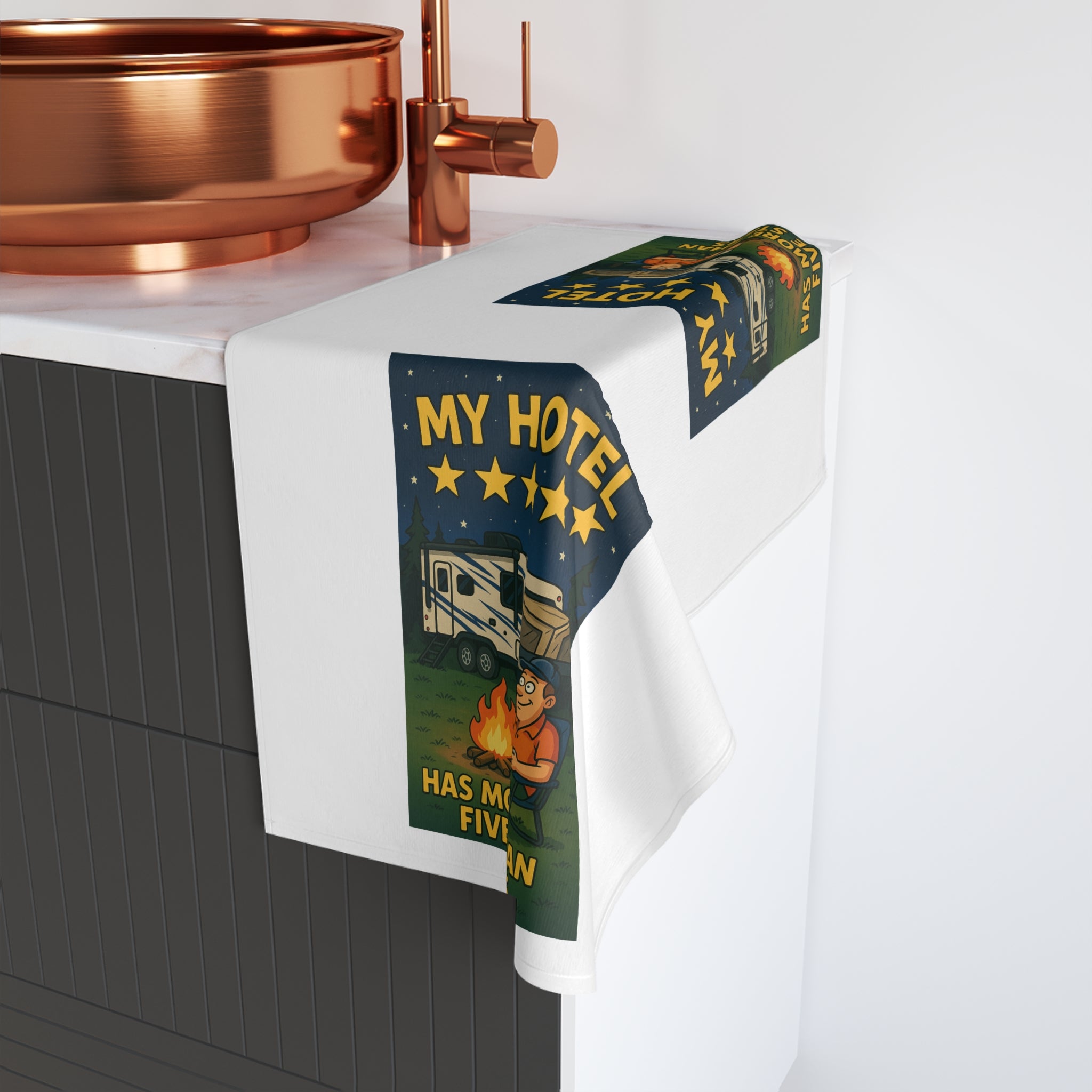 Campfire Hand Towel for Outdoor Enthusiasts, Fun Kitchen Decor, Gift for Campers, RV Lovers, Retro Camping Vibe