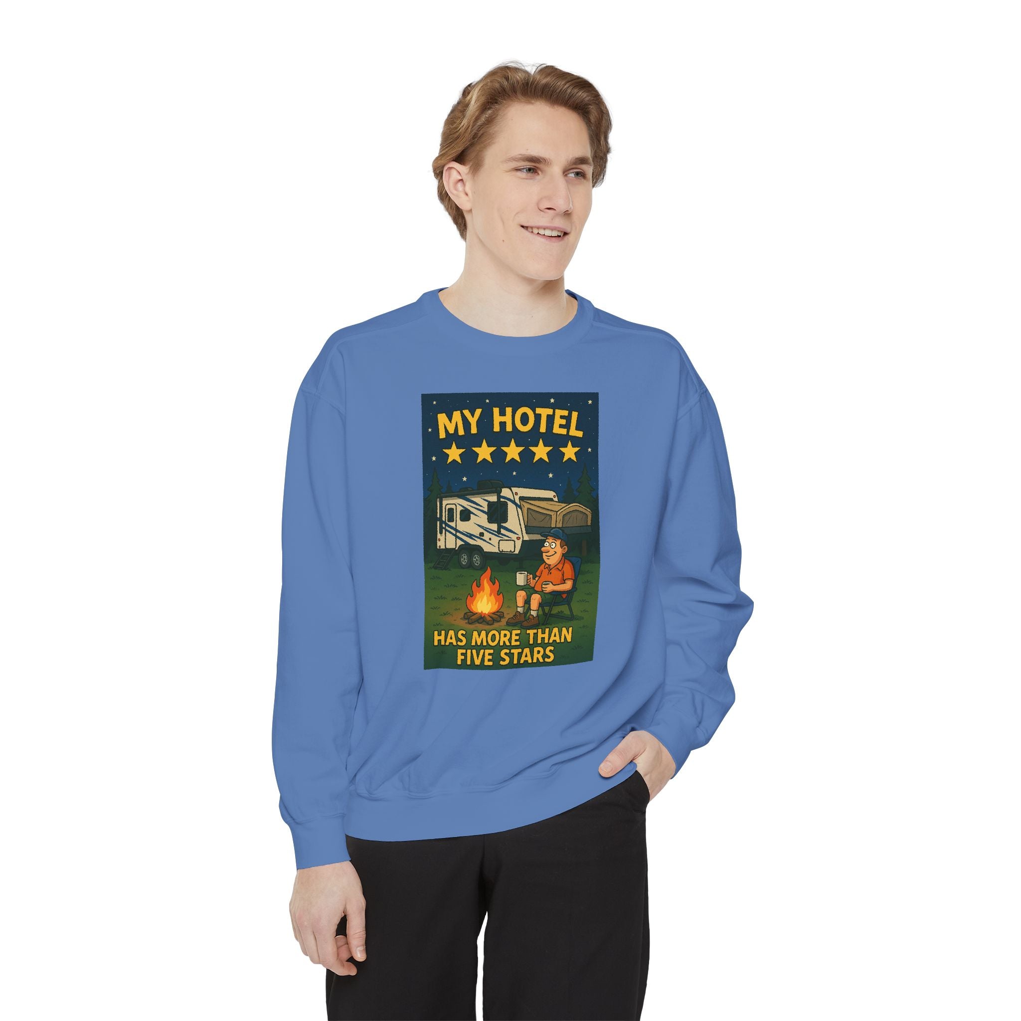 My Hotel Sweatshirt - Cozy Camping Apparel, Unisex Garment-Dyed Sweatshirt for Outdoor Lovers, Perfect for Bonfire Nights, Gift for Campers