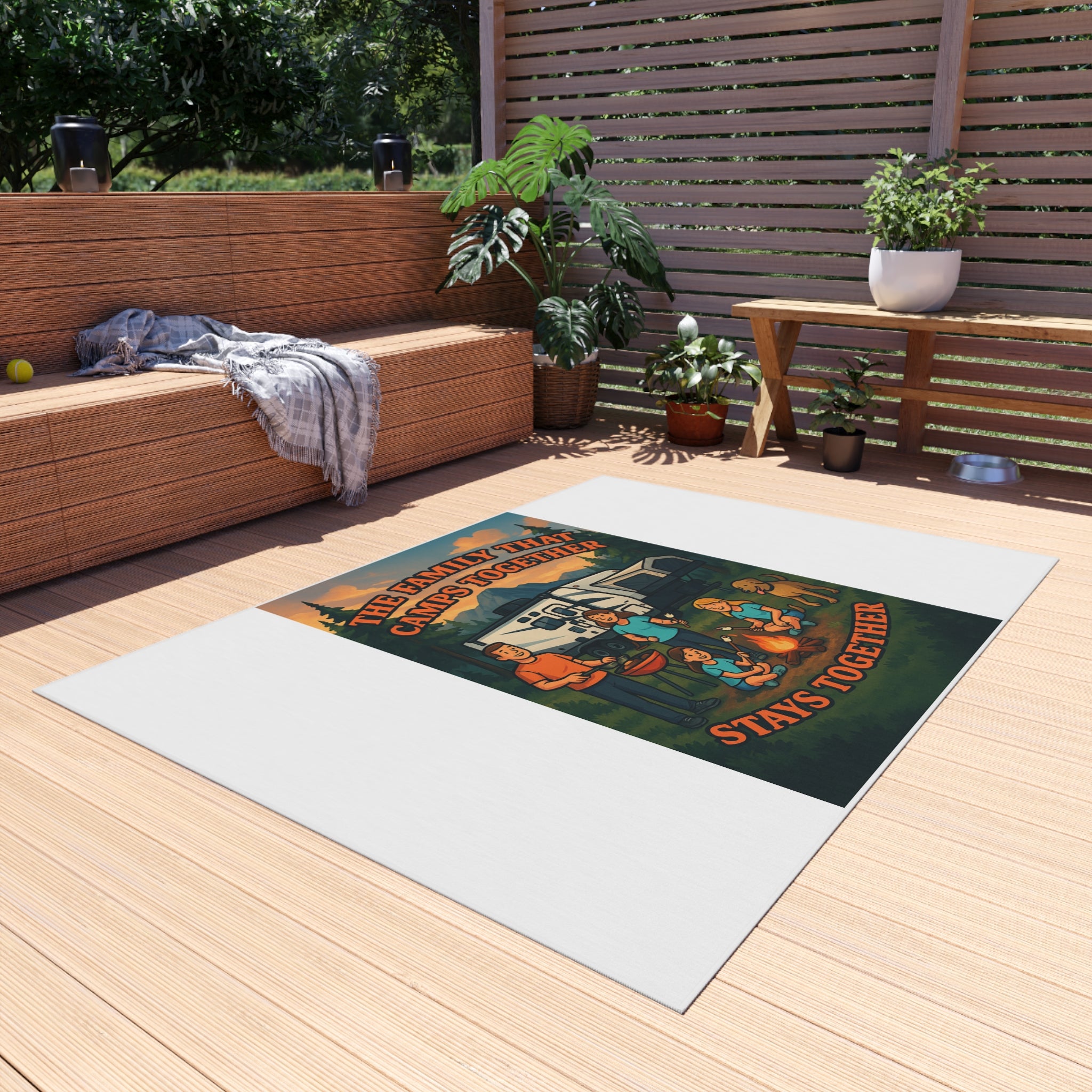 Camping Family Outdoor Rug, Cozy Camp Mat, RV Decor, Family Gathering Accessories, Outdoor Living Essentials