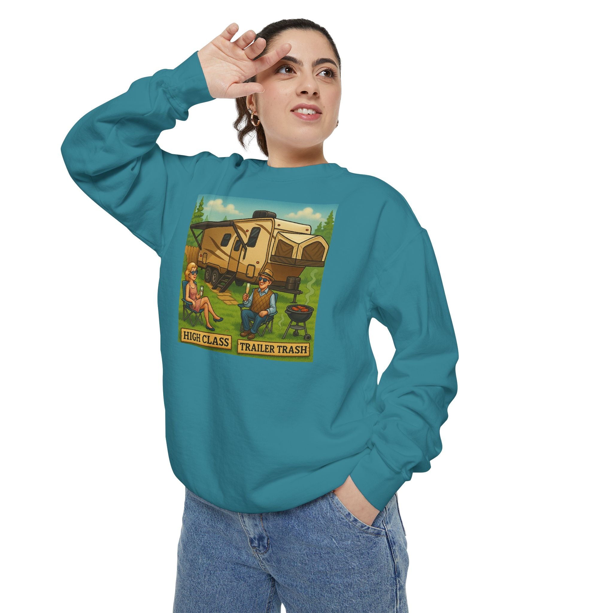 Vintage-Inspired Unisex Sweatshirt with 'High Class Trail Trash' Design