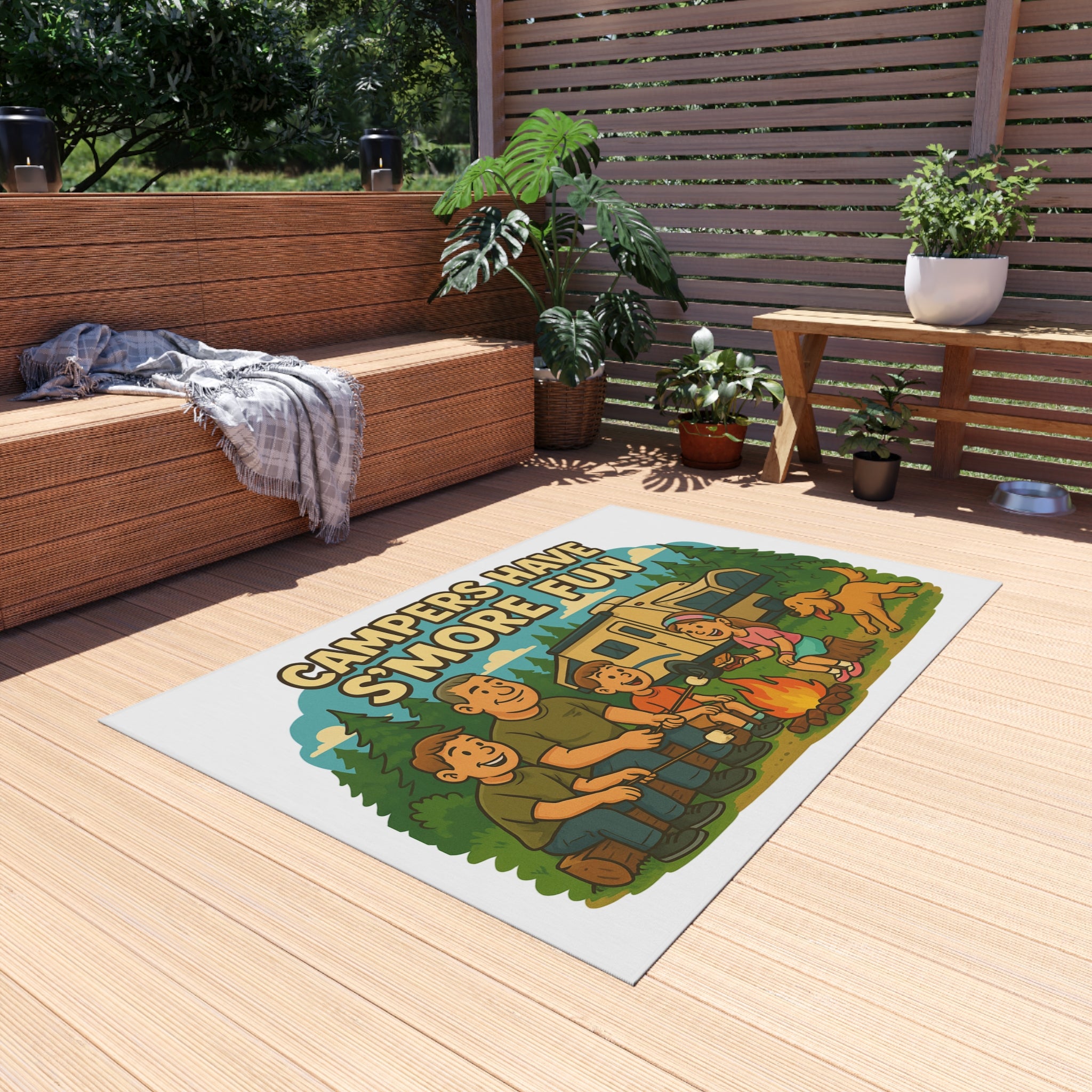 Campfire Fun Outdoor Rug, Family Camping Decor, Patio Mat, Garden Rug, Outdoor Entertaining, S'mores Themed