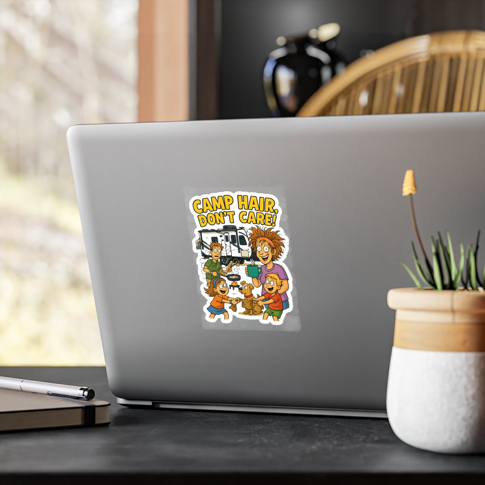 Camp Hair Don't Care Vinyl Decals, Fun Stickers for RV Campers, Outdoor Adventure Decor, Family Road Trip Accessories, Car Window Stickers
