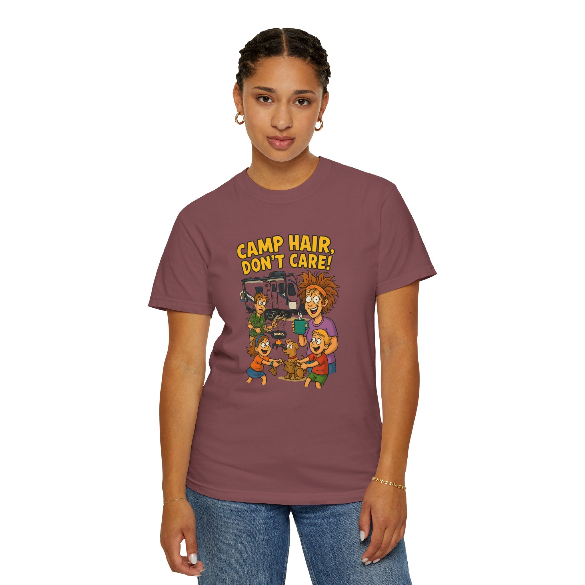 Camp Hair Don't Care T-Shirt, Unisex Garment-Dyed Tee, Camping Apparel, Funny Summer Shirt, Outdoor Lovers Gift, Vacation Essential