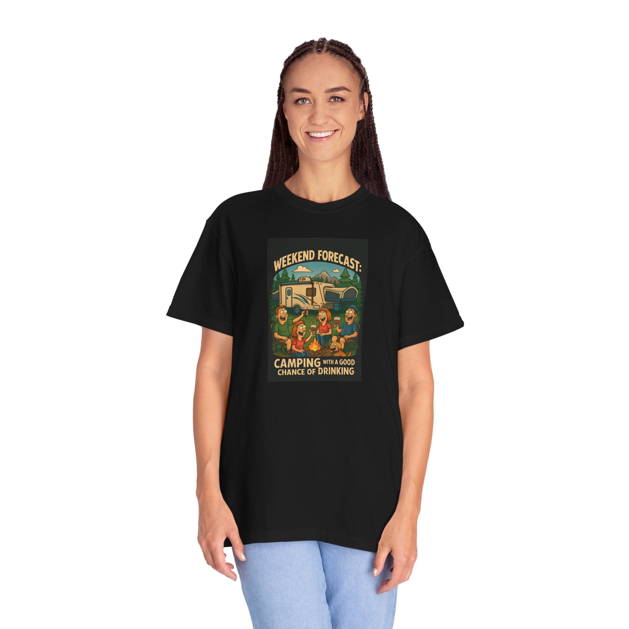 Camping Forecast T-Shirt, Unisex Graphic Tee, Gift for Campers, Outdoor Adventure Apparel, Weekend Getaway Shirt, Nature Lover's Tee