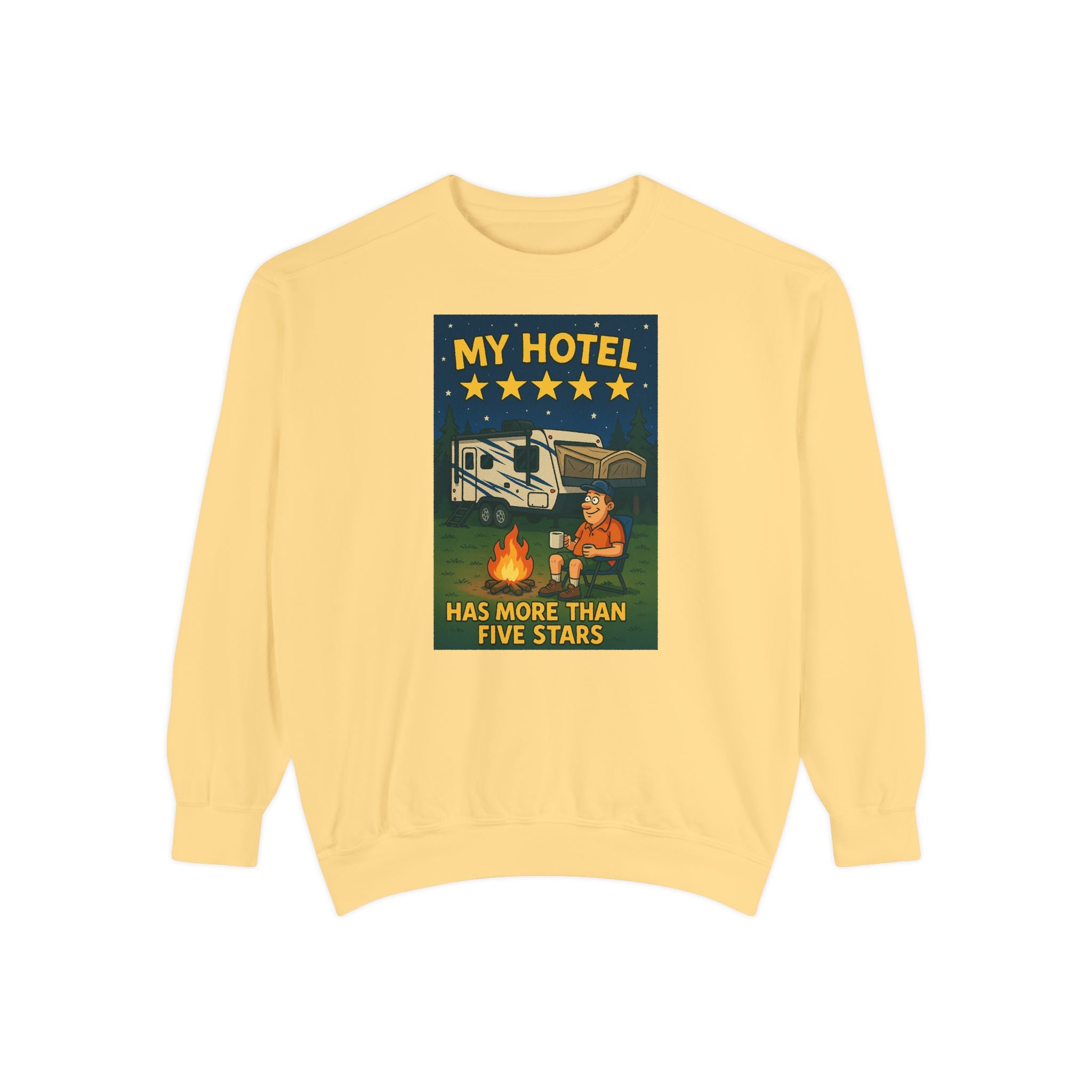 My Hotel Sweatshirt - Cozy Camping Apparel, Unisex Garment-Dyed Sweatshirt for Outdoor Lovers, Perfect for Bonfire Nights, Gift for Campers