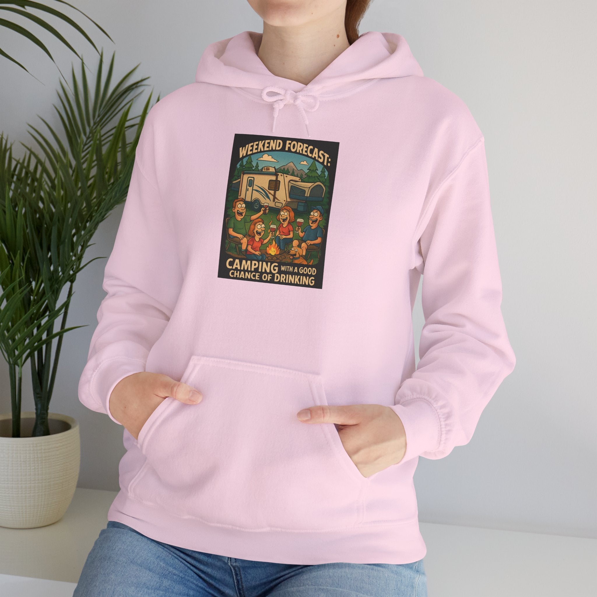 Camping Forecast Graphic Hoodie, Unisex Heavy Blend Sweatshirt, Outdoor Apparel, Weekend Getaway Gift, Nature Lover Clothing